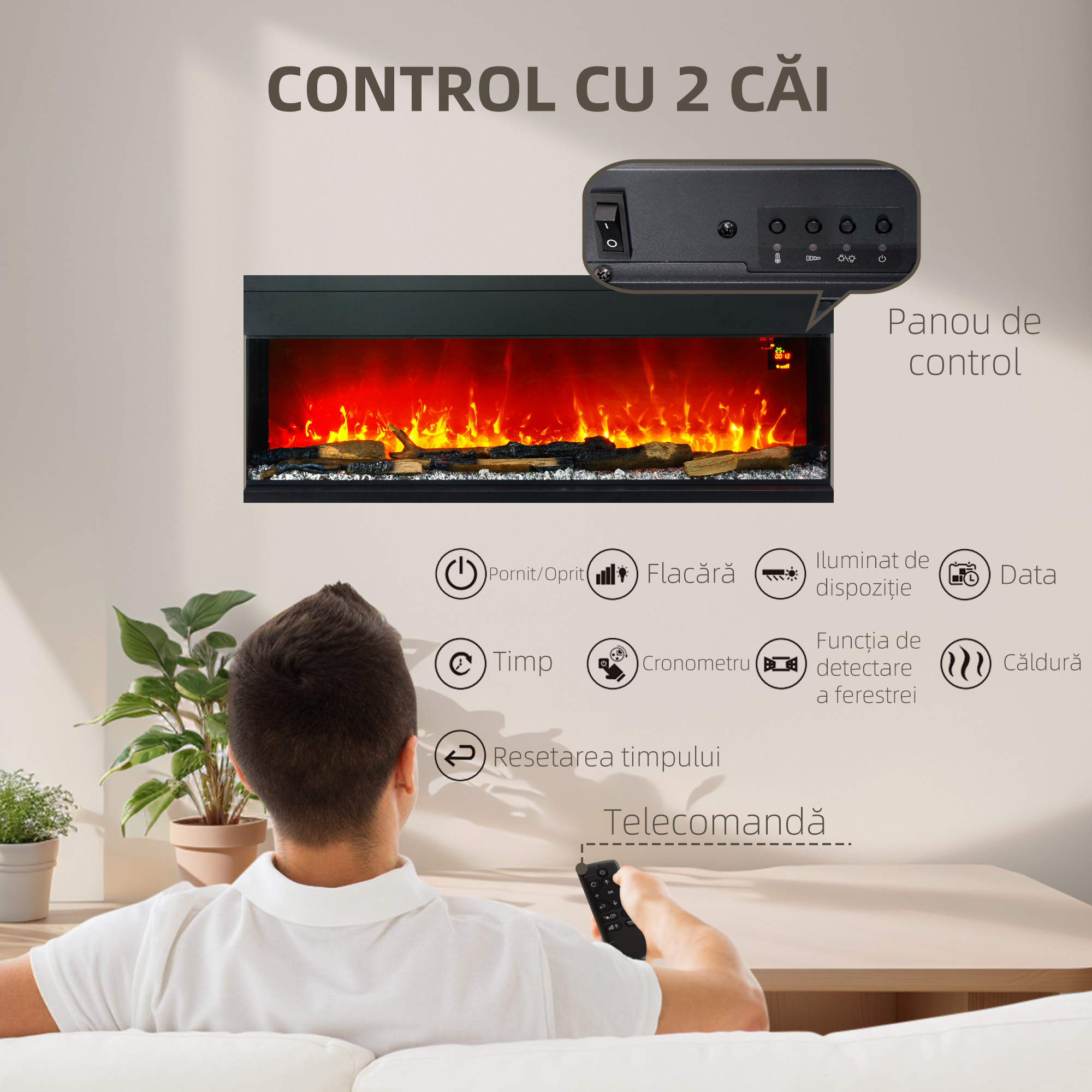  semineu Electric incorporat si de Perete 1800W cu Flacari LED Colorate Reglabile, Temperatura de pana la 40°C, Negru [4]