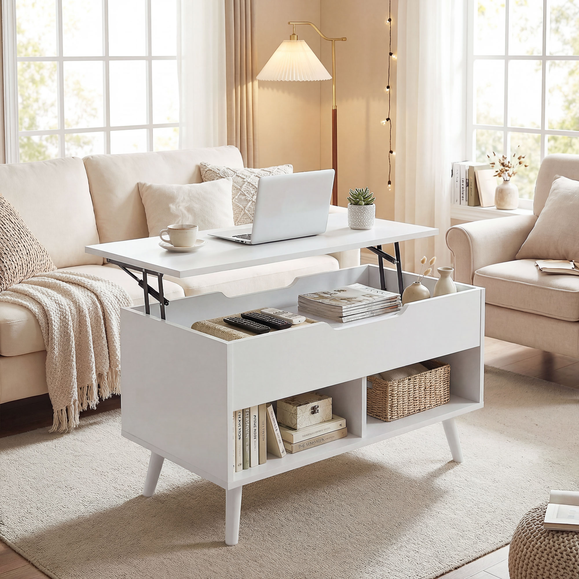 , Masa de Cafea, Cu Spatiu Ascuns, PAL, metal, 75 x 40 x 58 cm, Alb [8]