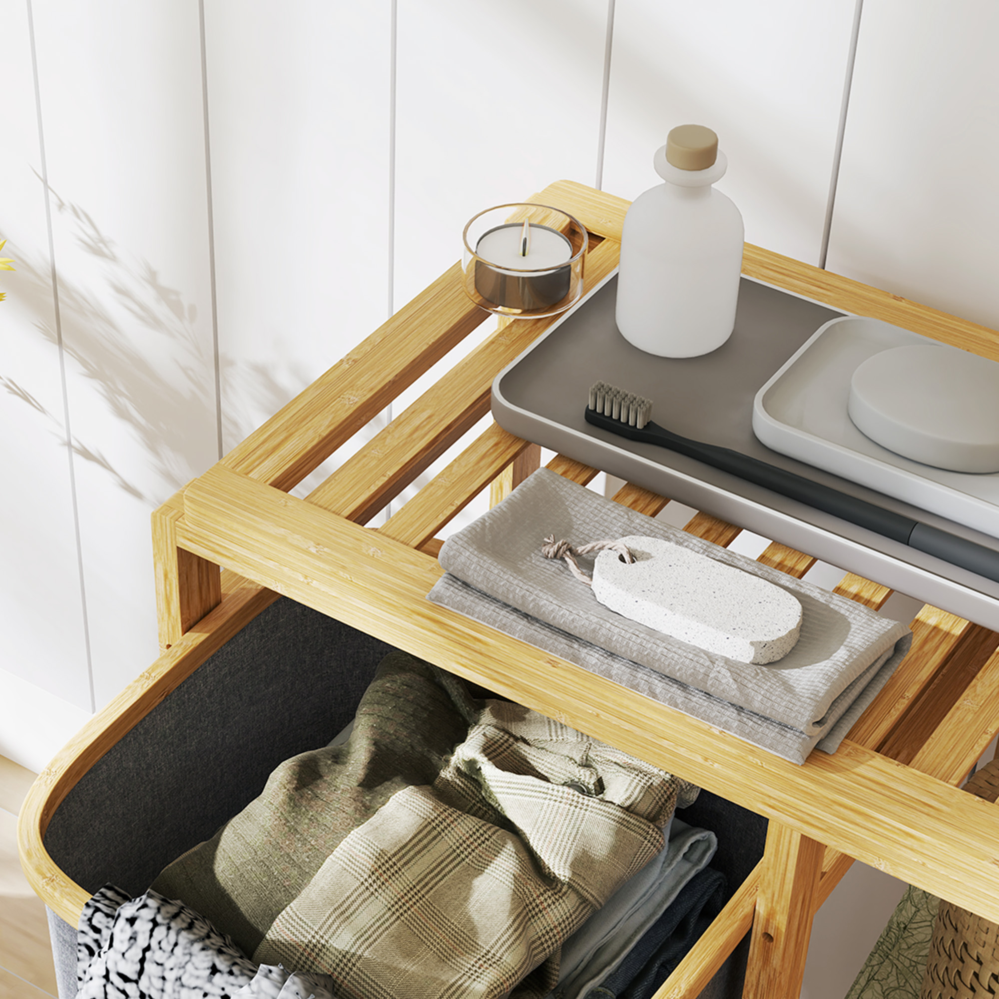  Cos Portabil Rufe cu Sac & Raft Bambus 50×32×70 cm - Gri [8]