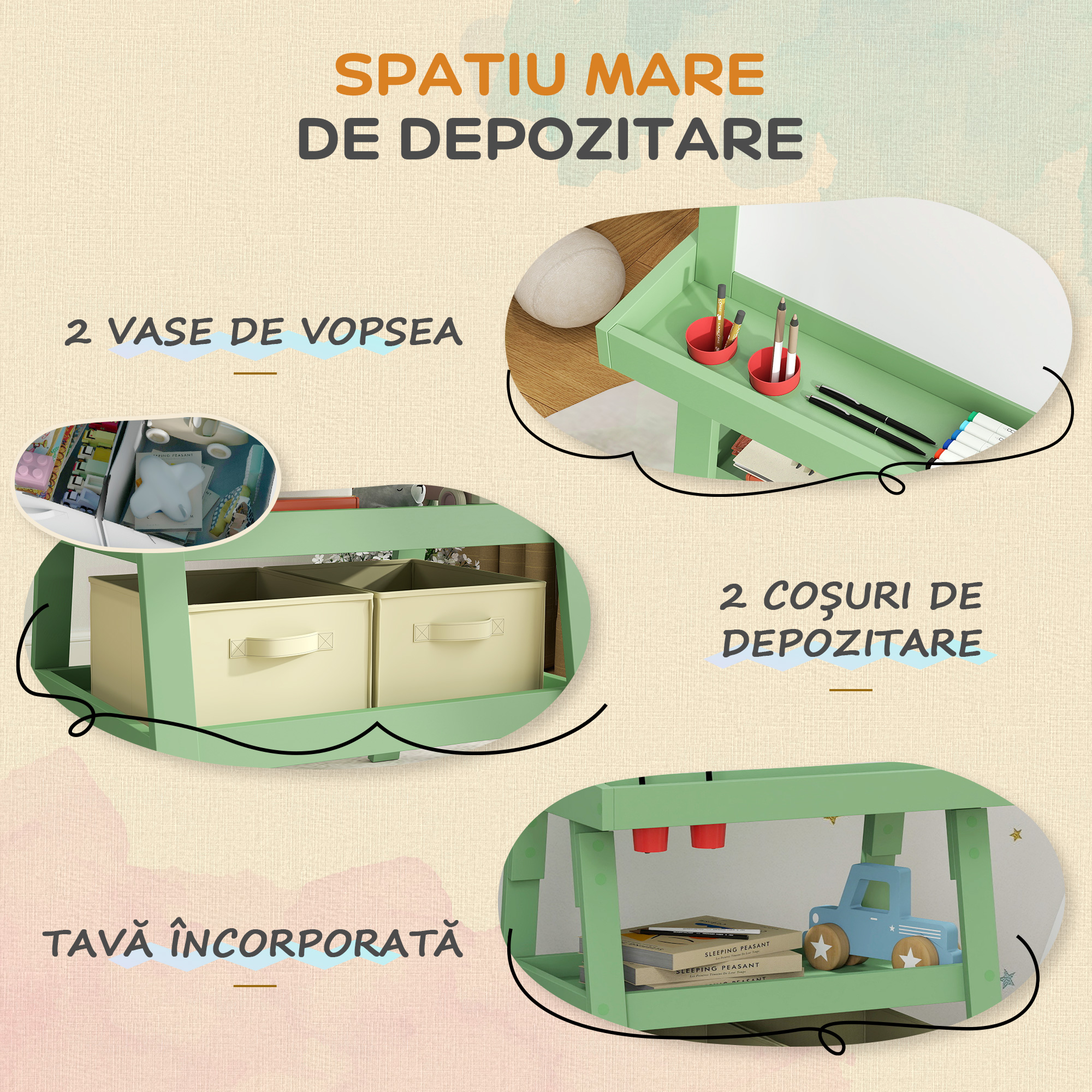  Tabla pentru Copii cu sevalet 3 in 1, Sul de Hartie si 2 Recipiente, din Lemn, 59x48x118 cm, Verde [4]
