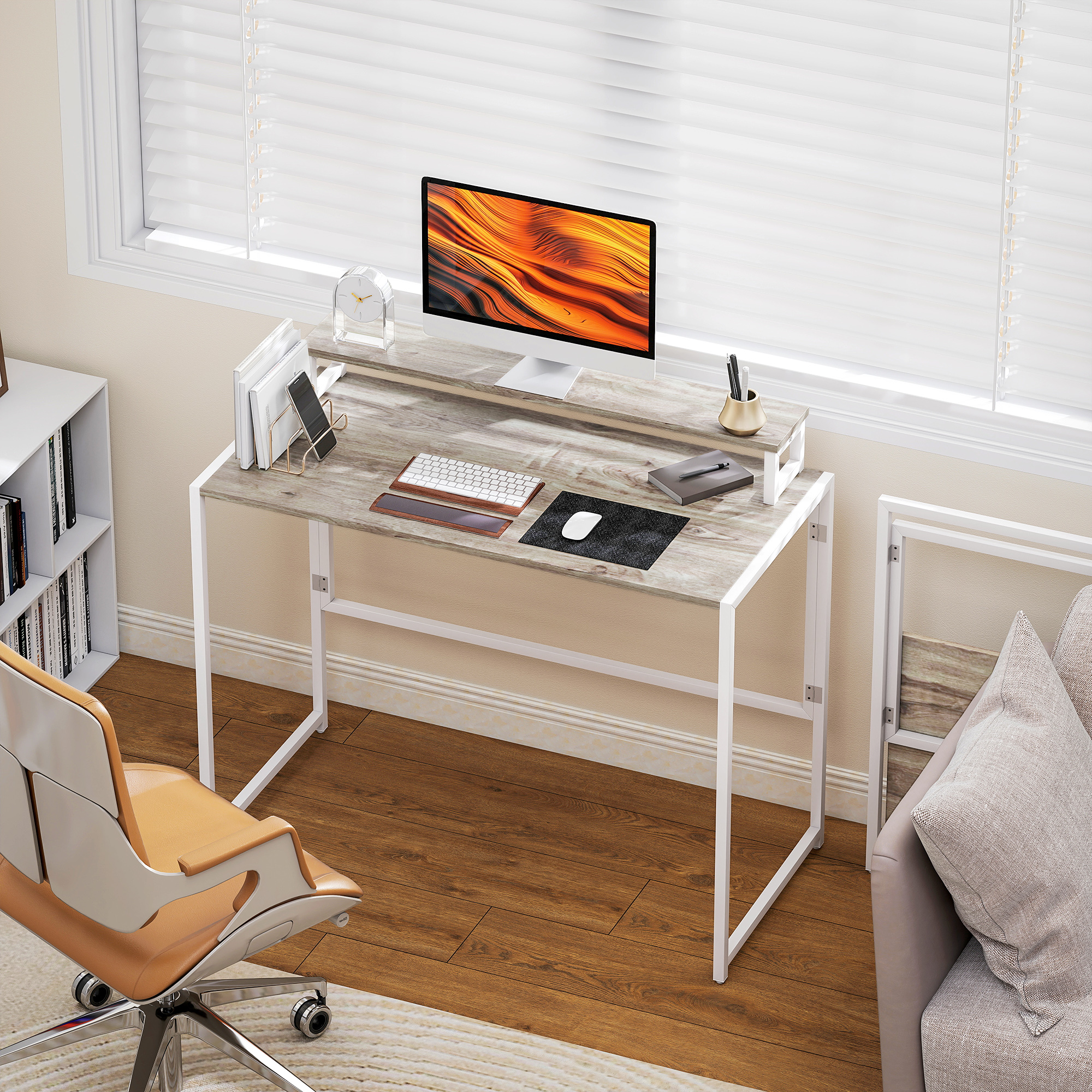  Birou Pliabil Economisitor de Spatiu cu Stand pentru Monitor Detasabil, 100x48x87,5 cm, Lemn [1]