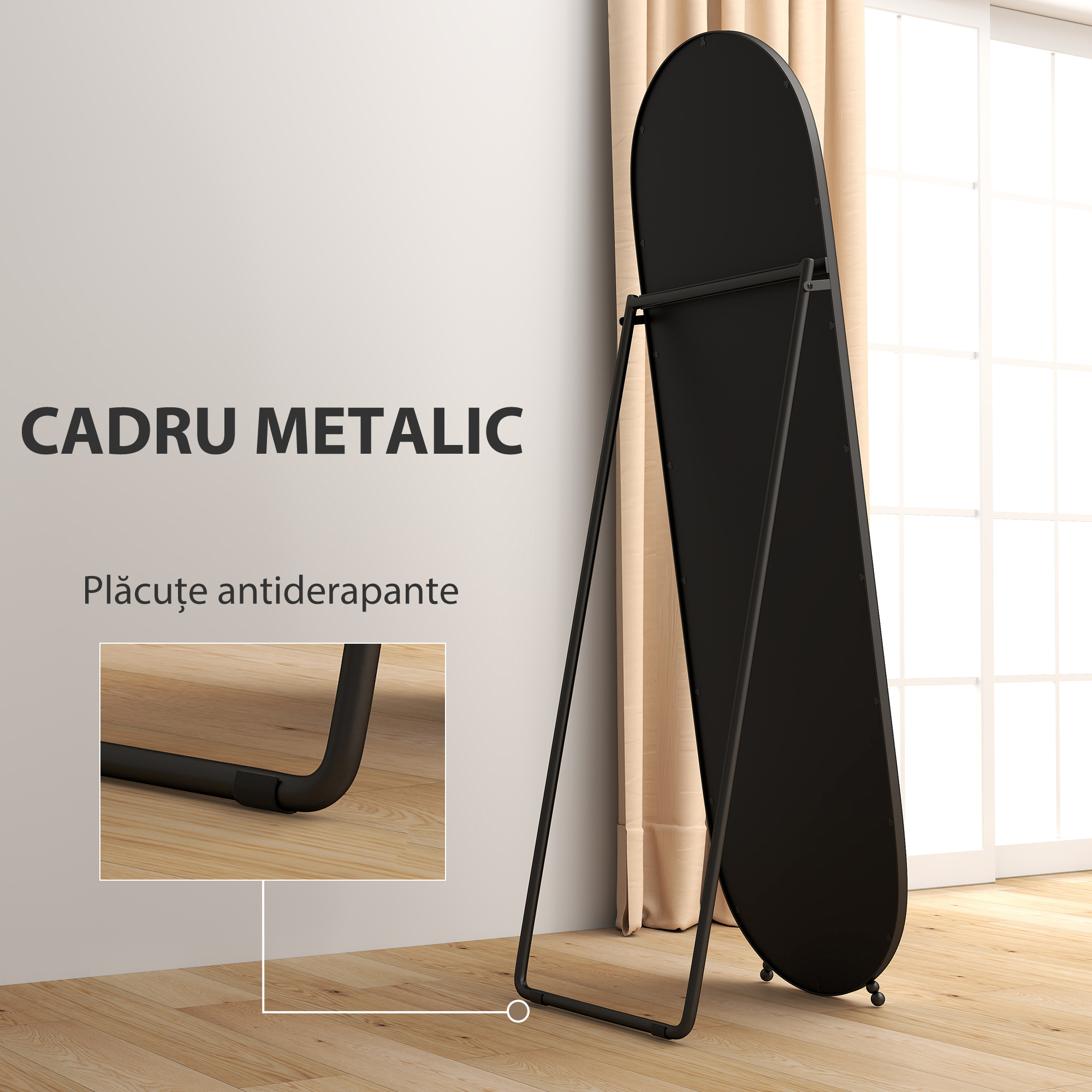  Oglinda Ovala de Podea, cu Suport Rabatabil, din Sticla si Metal, 40x41x159 cm, Negru [5]