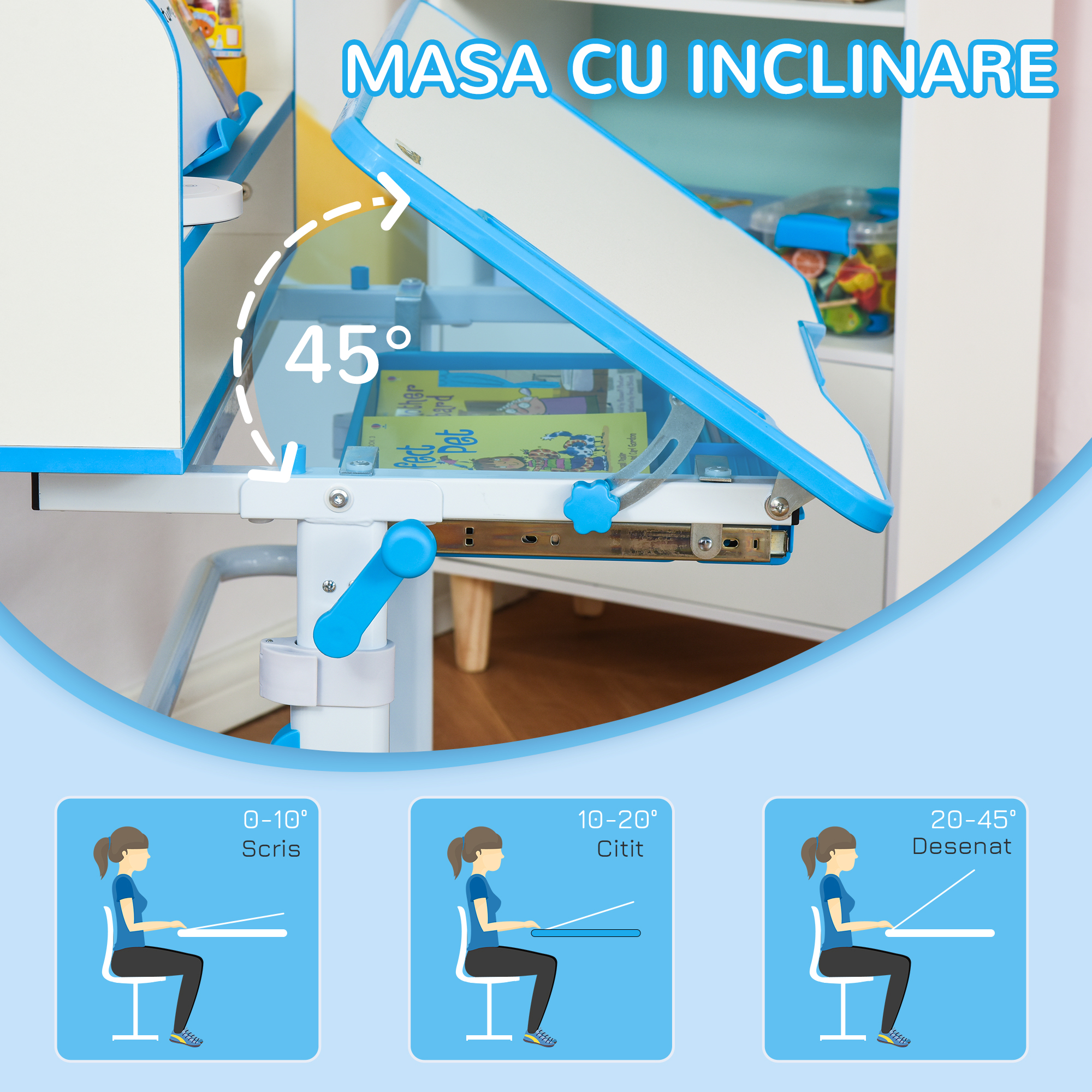  Set Masa si Scaun pentru Copii 6-12 Ani Reglabile pe inaltime si Blat inclinabil 45°, 80x54,5x82-104 cm, Albastru [6]