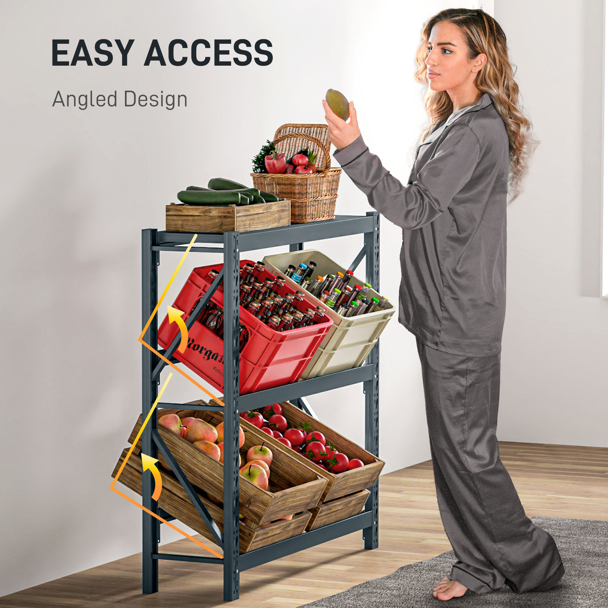  Raft Autoportant pentru 6 Lazi de Bauturi cu 3 Niveluri cu Polite Ajustabile, 110x30x110cm, Gri [5]