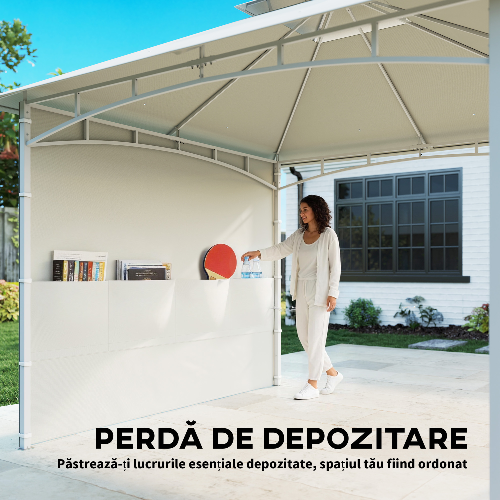  Foisor de Gradina 3x3 m cu Corturi, Buzunare pentru Depozitare si Carlig la Tavan, Foisor din Metal cu Acoperis Dublu, Orificii de Drenaj, UV30+, Crem [4]