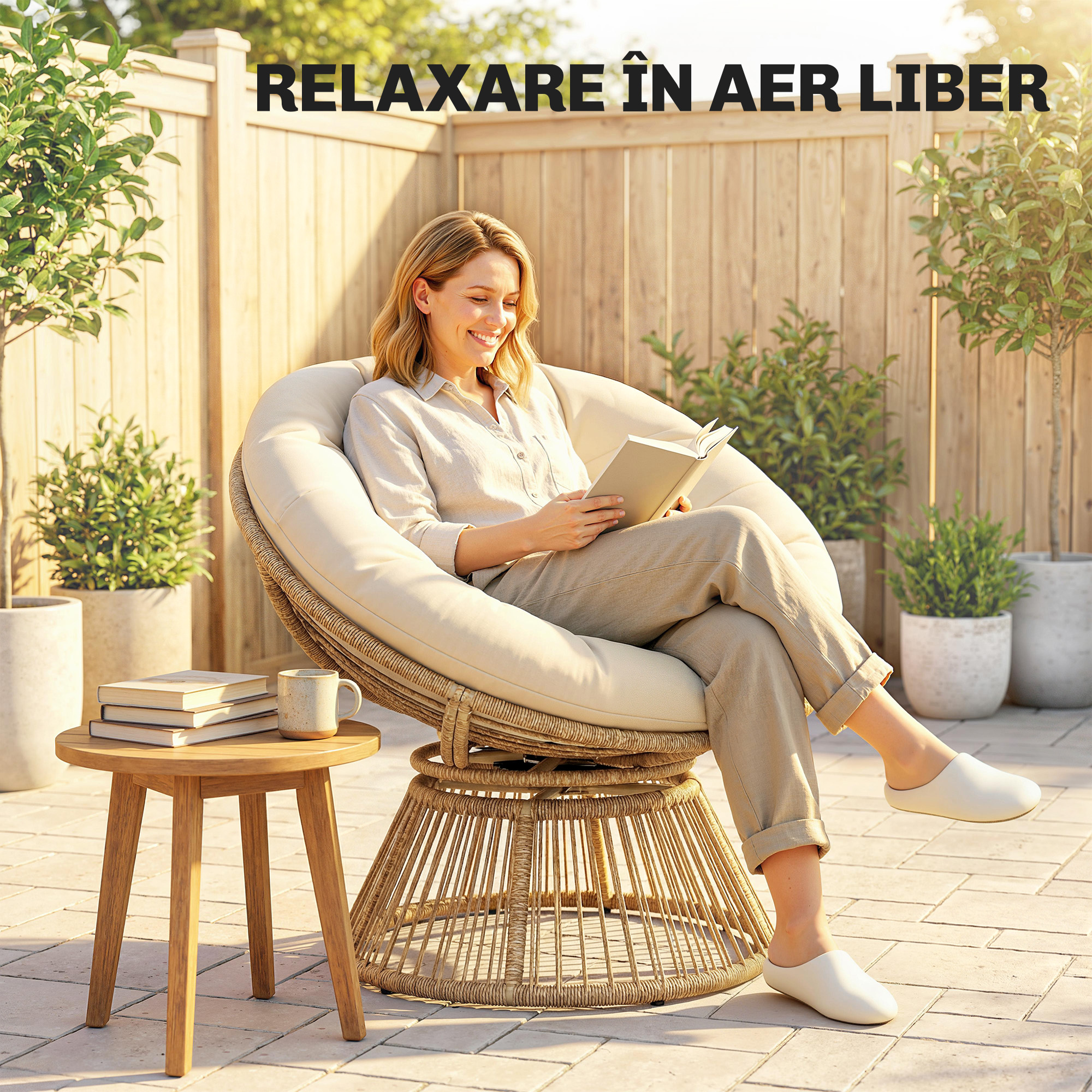  Fotoliu Papasan Rotativ 360° Moon Chair cu Perna pentru Interior/Exterior, Crem Alb [7]