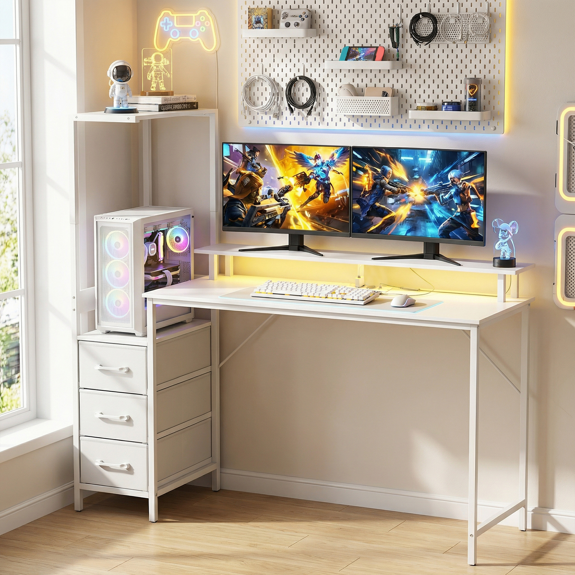  Birou Gaming cu Suport CPU Reglabil Reversibil si LED, 147x47 cm, Statie de incarcare, Suport Monitor, 3 Sertare din Material Textil, pentru Acasa, Birou sau Studio, Alb [7]