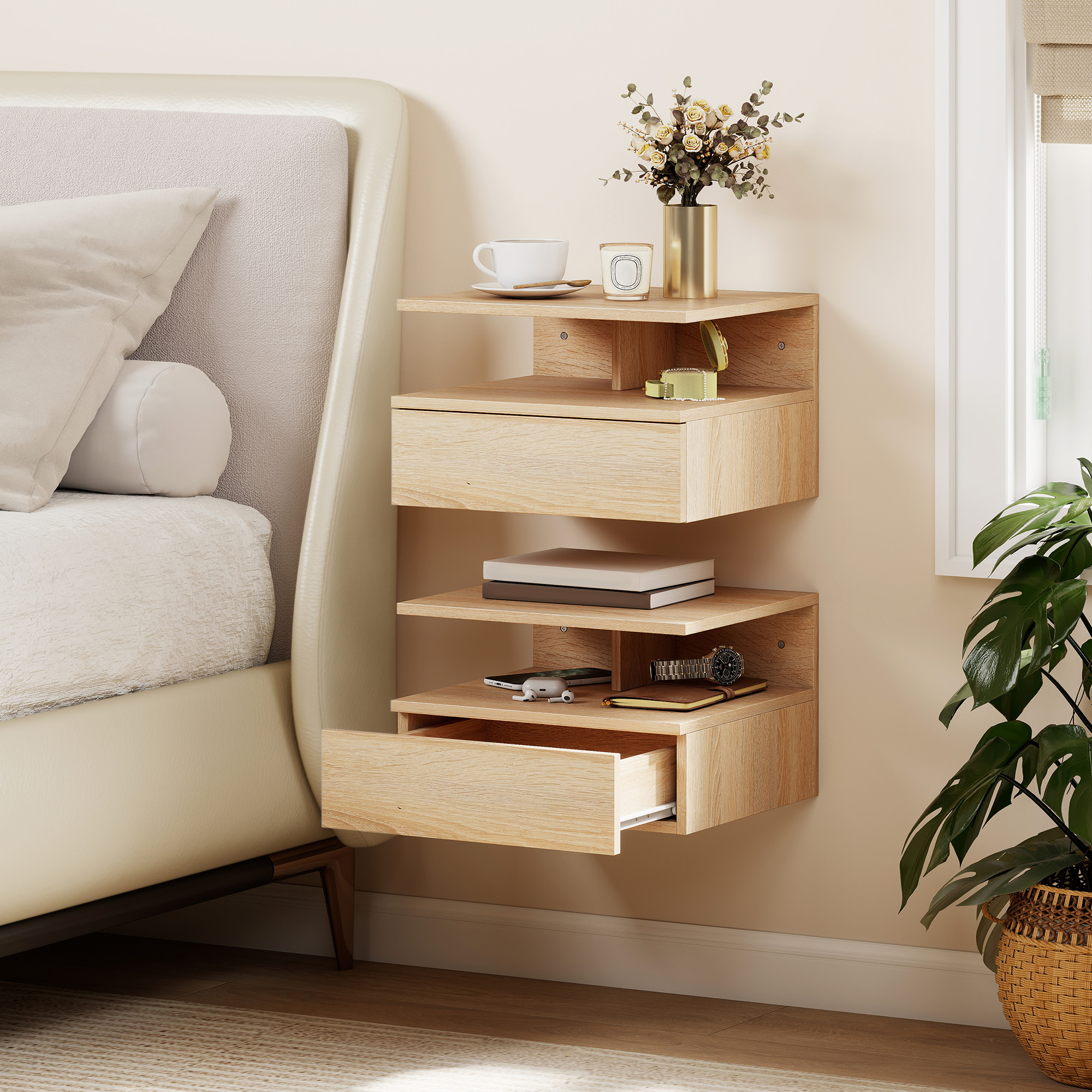  Set de 2 noptiere moderne suspendate pentru dormitor cu sertar si raft din lemn 35x32x22,5cm, stejar [1]