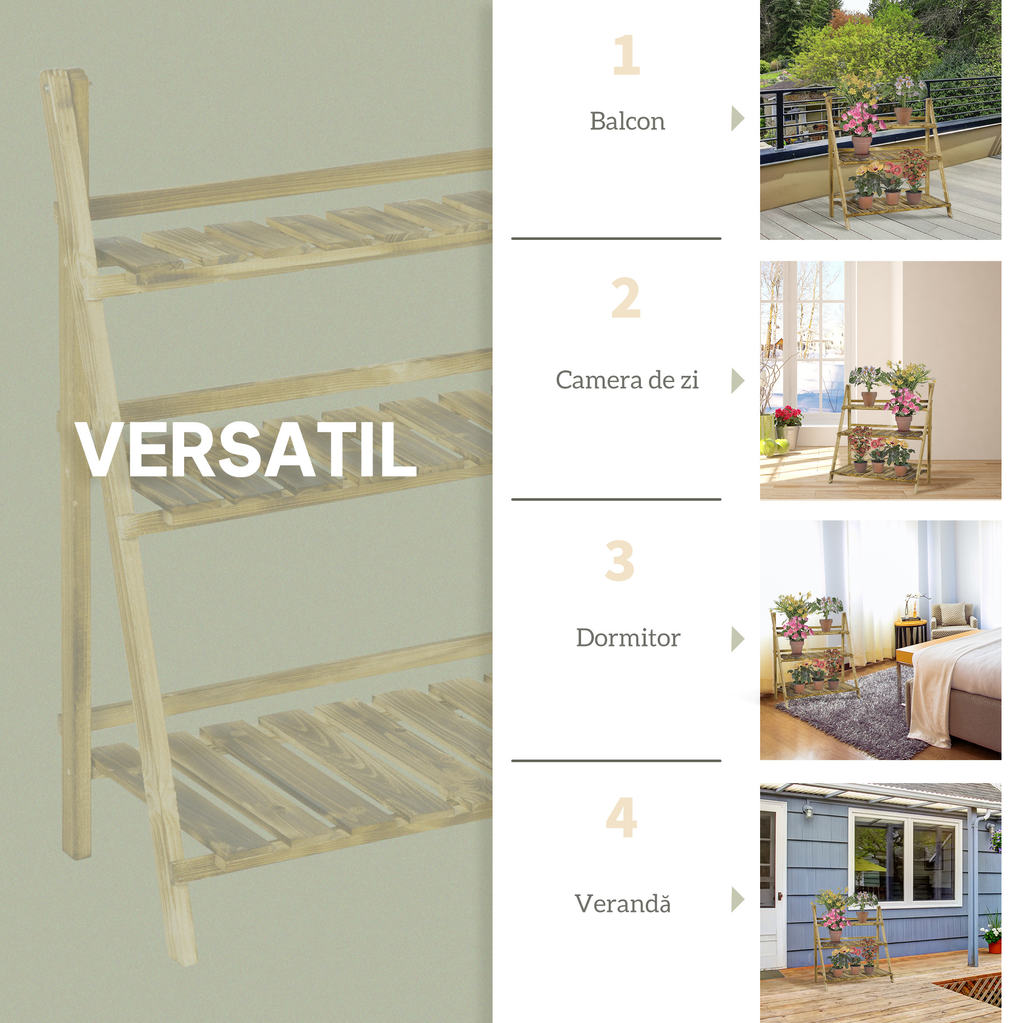  Suport Pliabil pentru Plante din Lemn de Brad cu 3 Nivele, 100x37x93 cm, Lemn Natural [6]