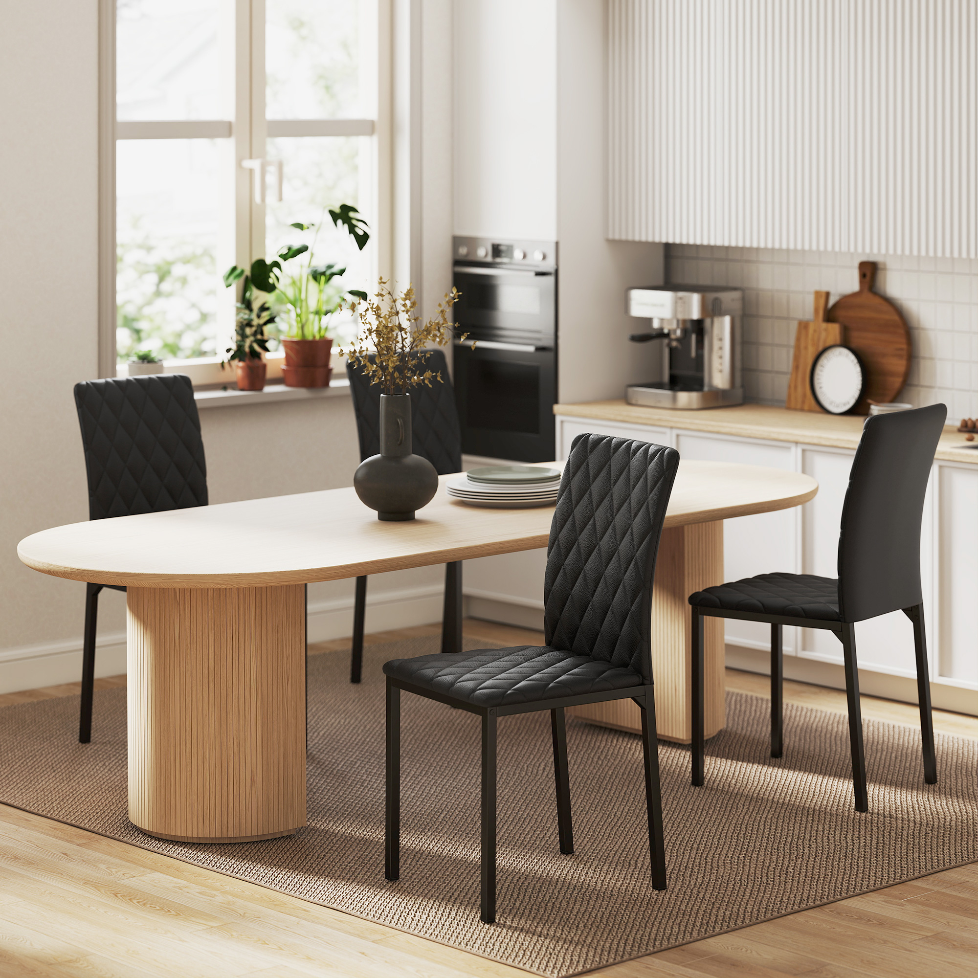  Set de 4 scaune pentru dining din piele sintetica cu cusaturi romboidale si picioare din metal, negru [5]