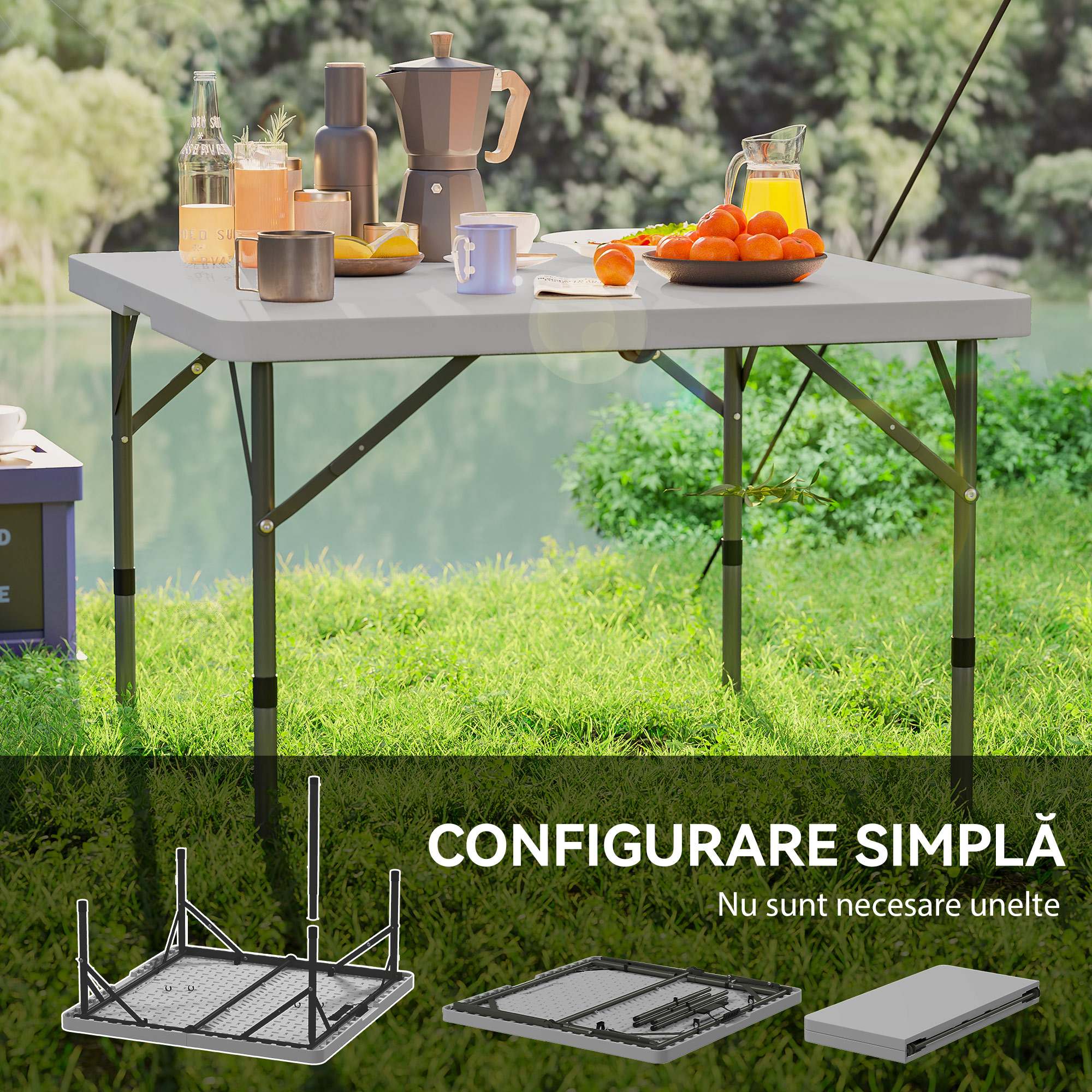  Masa de Camping Pliabila cu 2 inaltimi Reglabile, 86x86x74 cm, Alb [6]