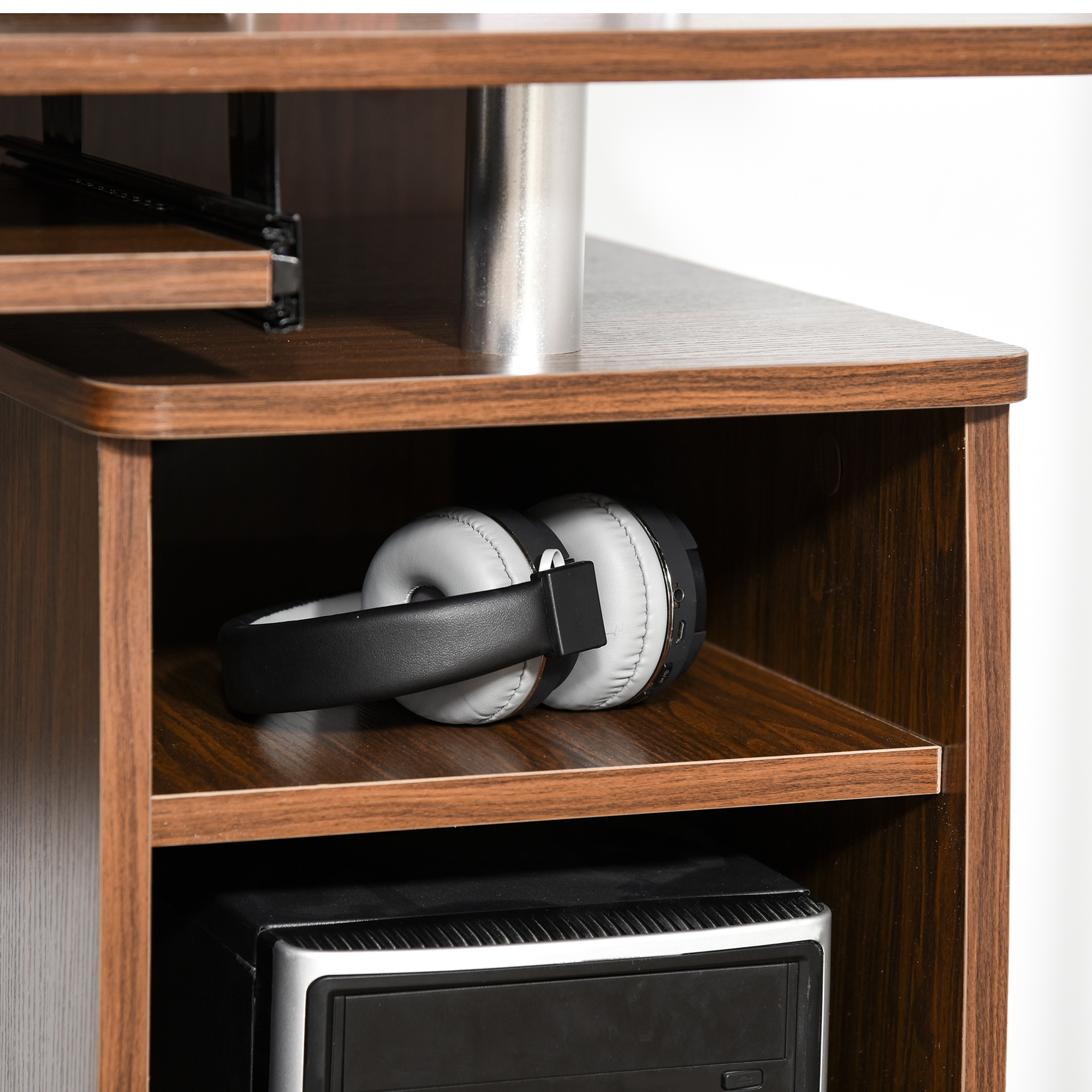  Masa de Birou Moderna cu Suport pentru Computer, Sertare, Polita Extensibila si Suport pentru Tastatura, 120x55x85 cm, Maro [7]