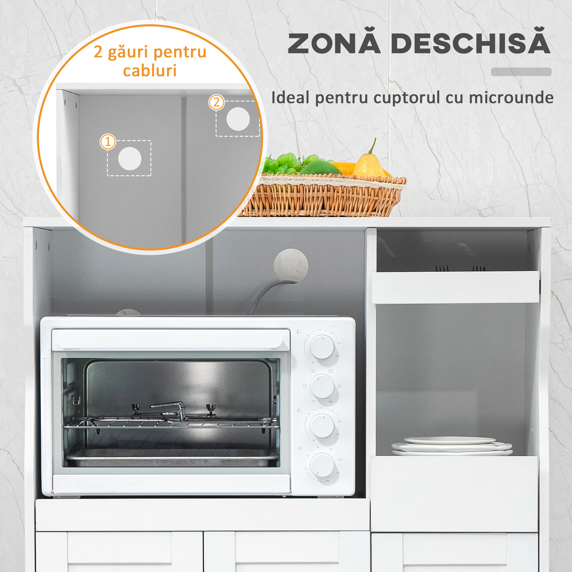  Bufet de Bucatarie cu 2 Dulapuri, Sertar si Rafturi Extensibile pentru Cuptor cu Microunde, 84x39x109 cm, Alb [4]