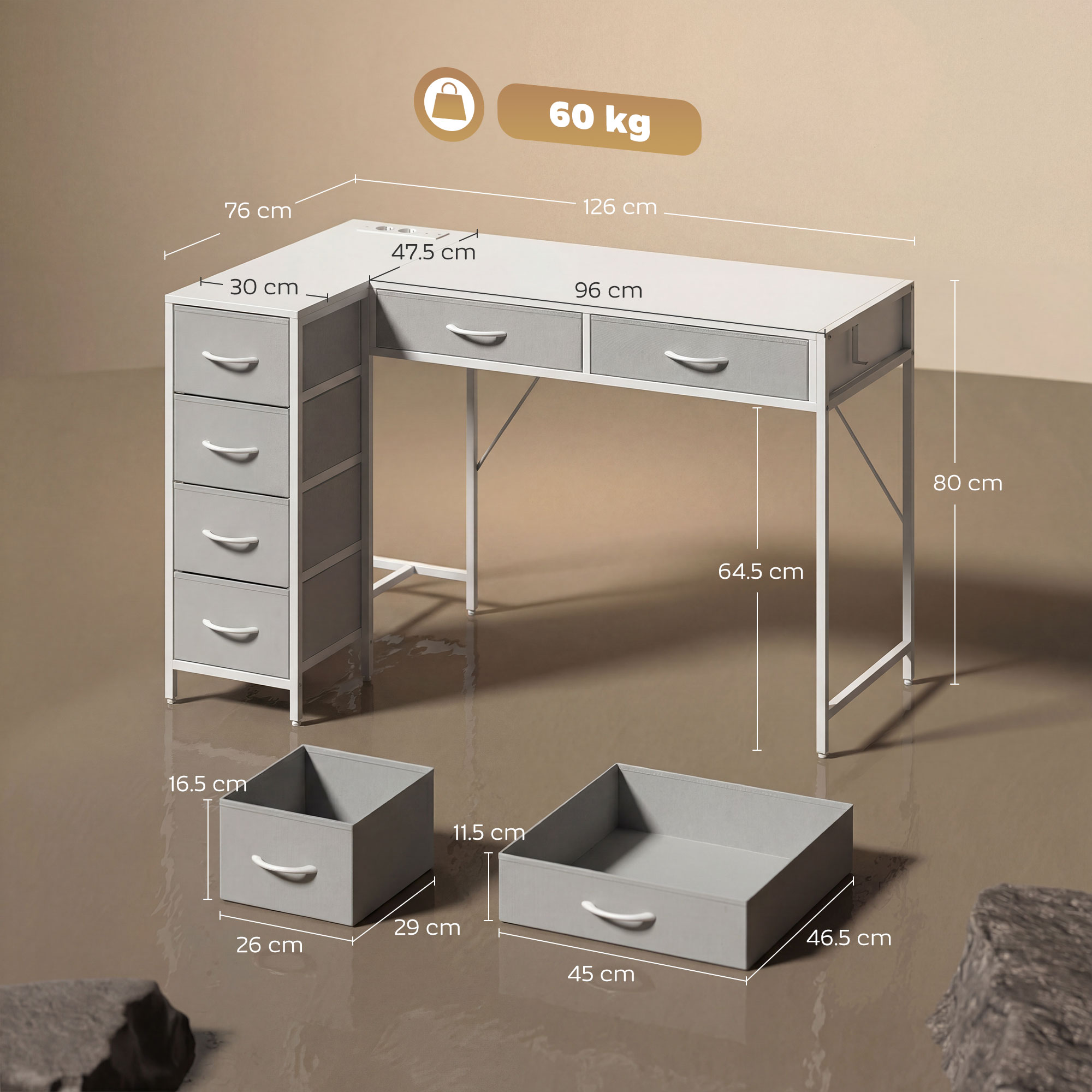  Birou Unghiular cu 6 Sertare cu Carlig Lateral si Prize Integrate, din Lemn si Otel, 126x48x80 cm, Alb [2]