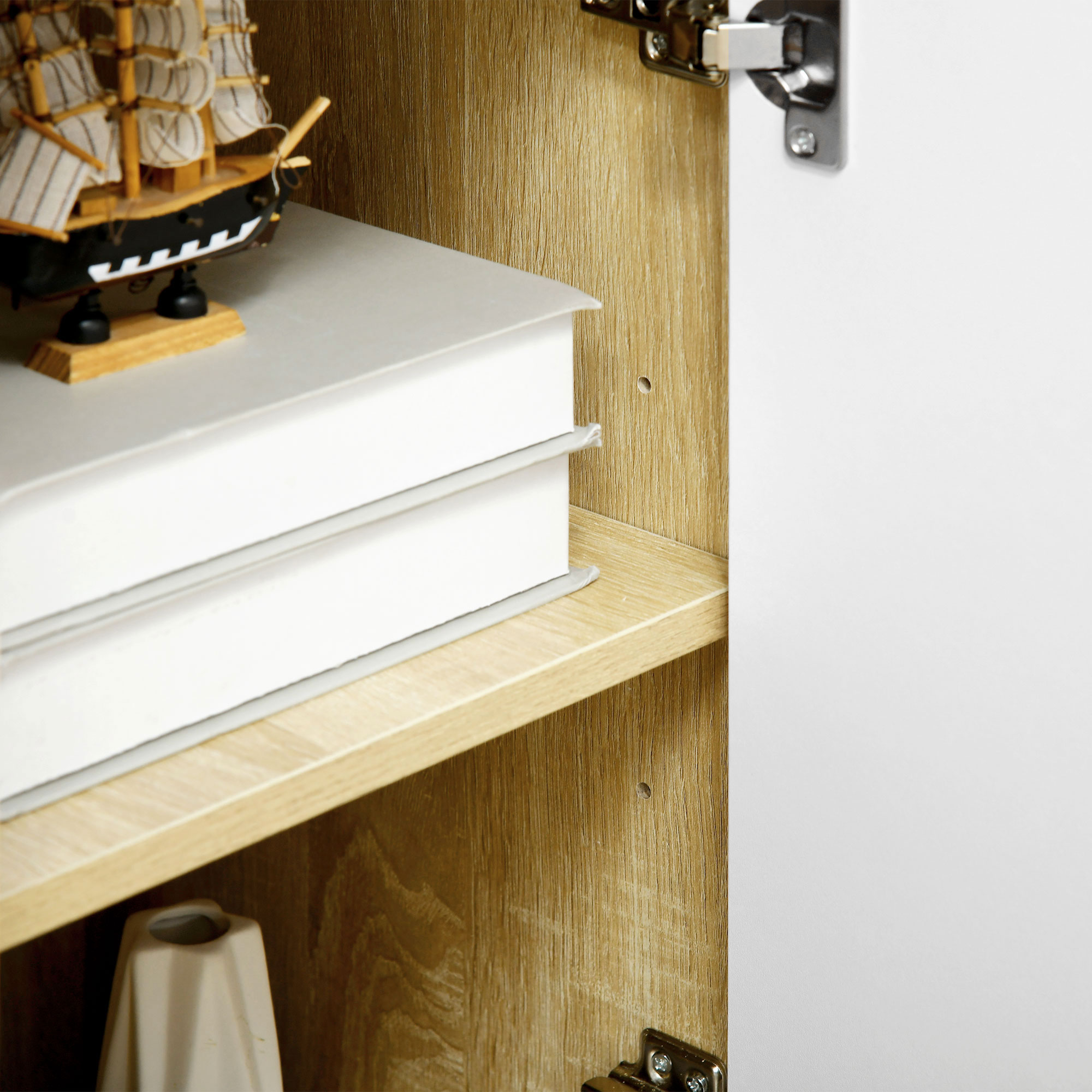  Bufet Modern din PAL si Lemn de di Pin cu 3 Sertare si 2 Dulapioare cu 2 Niveluri, 90x32x80 cm, Alb si Lemn Natur [8]