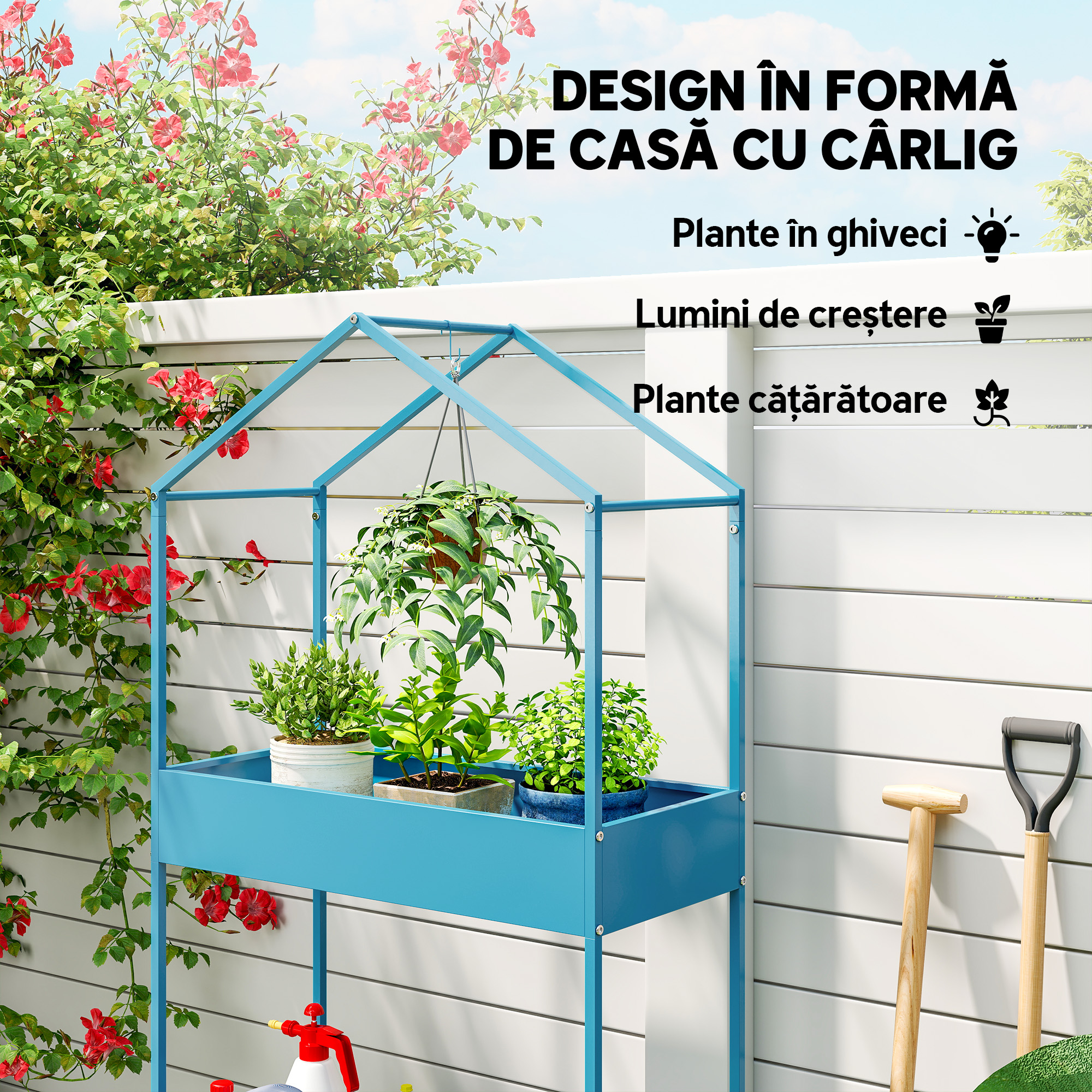  Suport pentru Ghivece pe 2 Niveluri din Metal in Forma de Casuta, Etajera pentru Plante cu Agatatoare, pentru Interior si Exterior, 75x35x150 cm, Albastru-Verde [3]