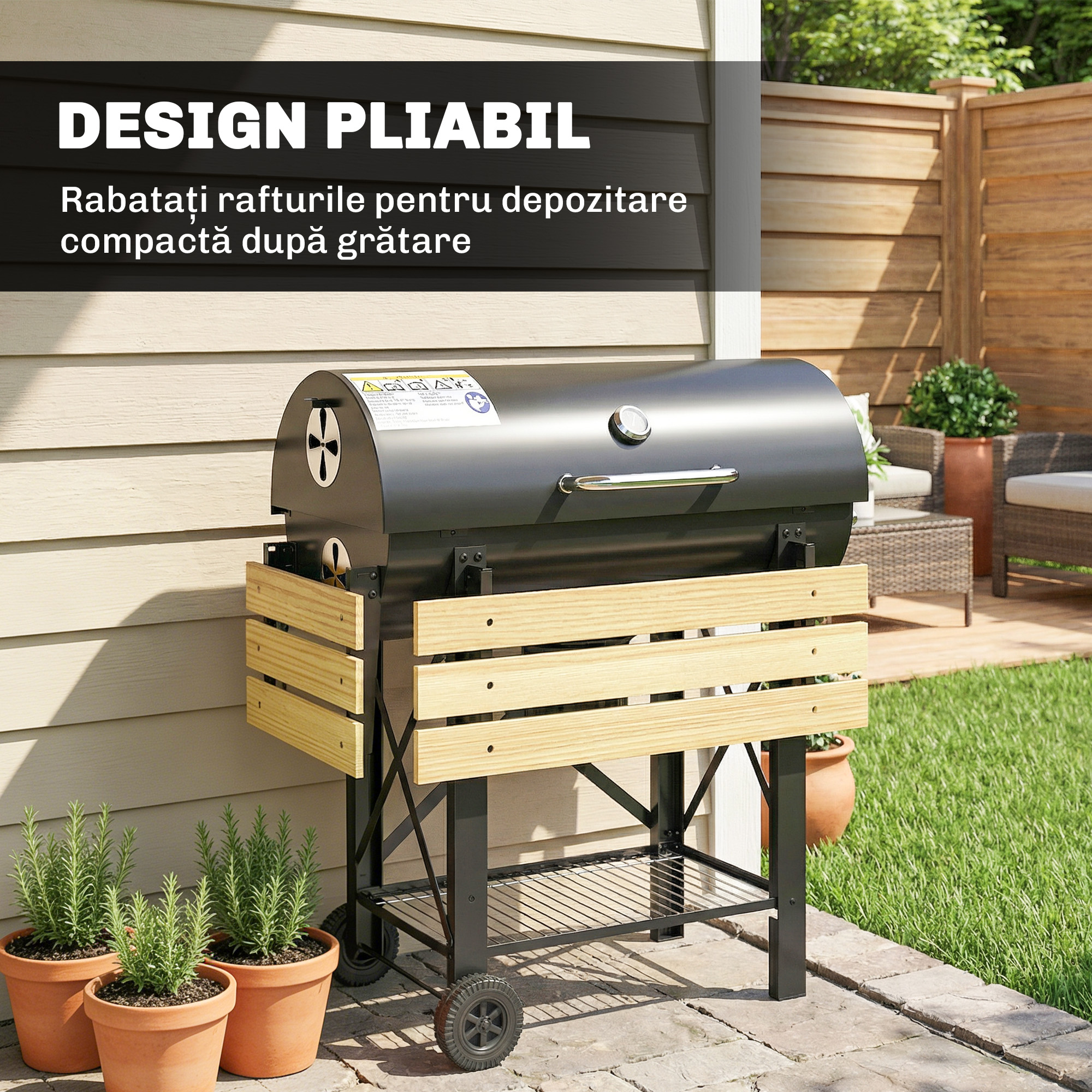  Gratar cu Carbuni, Grila Mobila cu Rafturi Pliabile si Termometru [4]