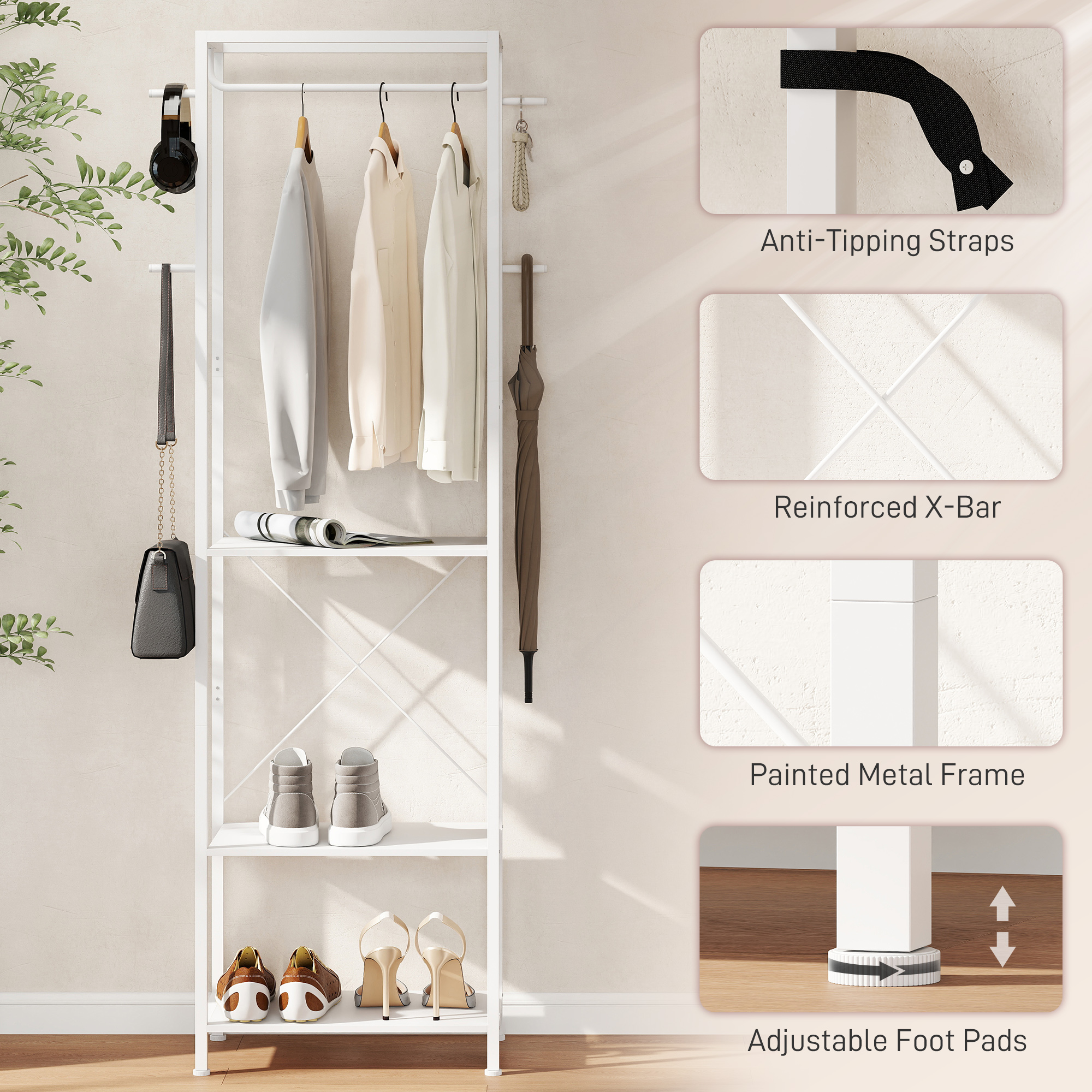  Cuiere de Podea cu Suport pentru incaltaminte, 4 Carlige si Raft 52x30x180cm Alb [4]