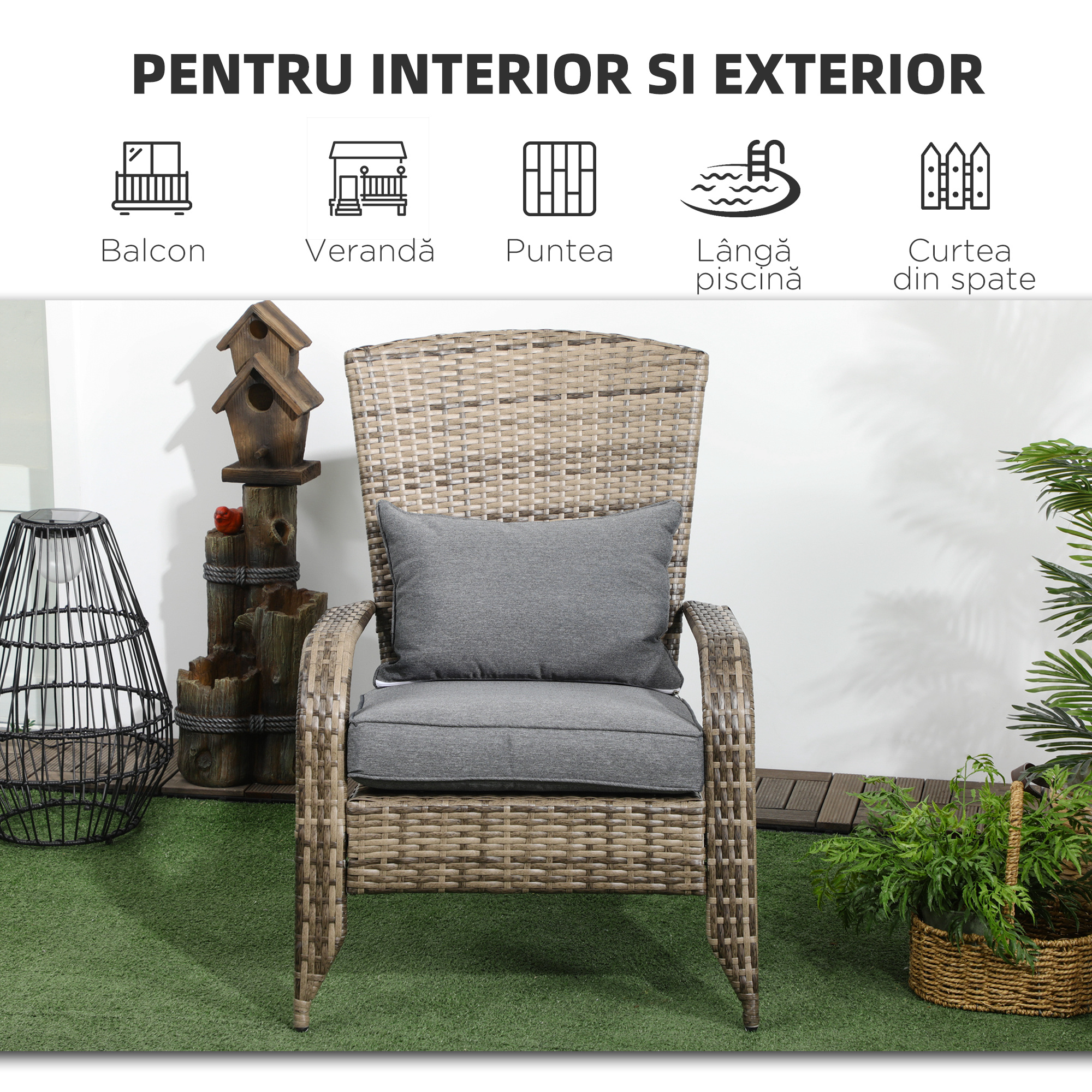  Scaun de Gradina din Ratan, Scaun de Exterior cu Cotiere, Perne si Spatar inalt Curbat, 64x80x90 cm, Gri [6]