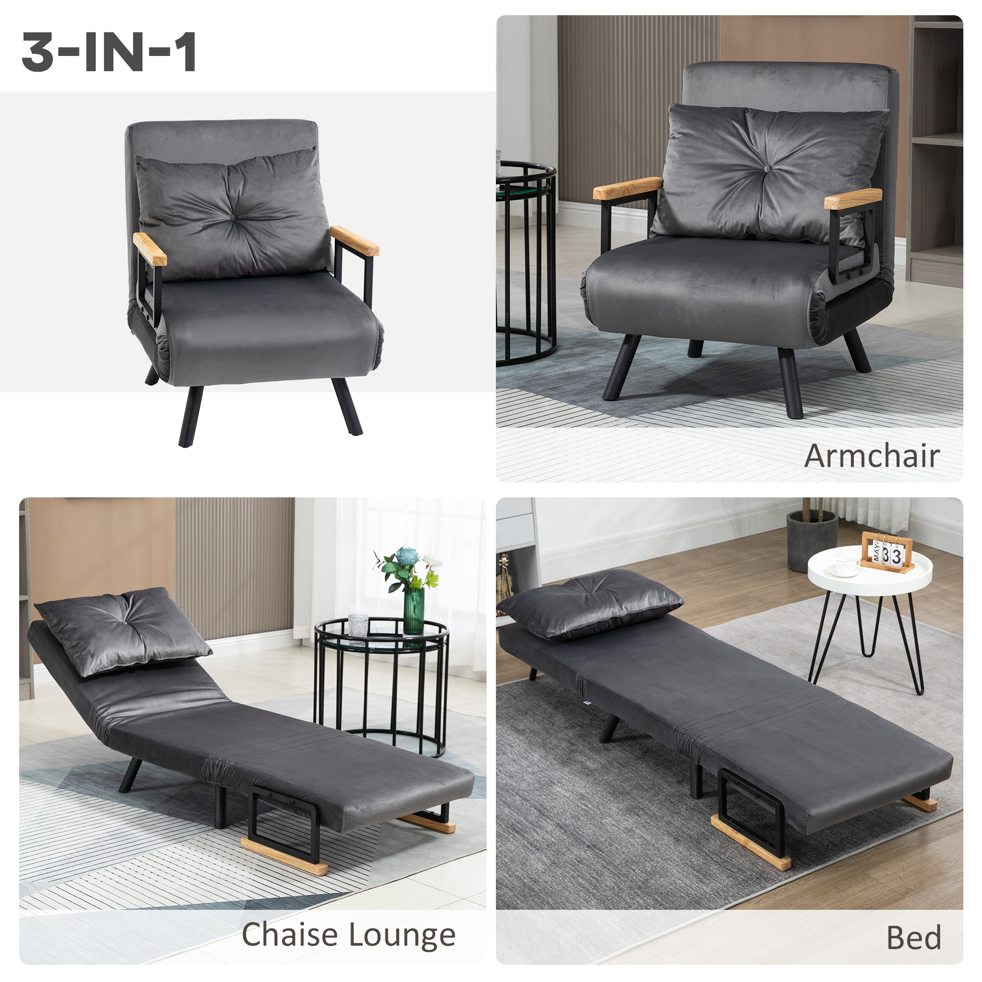  Fotoliu Pat 3 in 1 cu Spatar Rabatabil in 5 pozitii si Perna, 63x73x81 cm, Gri inchis [3]