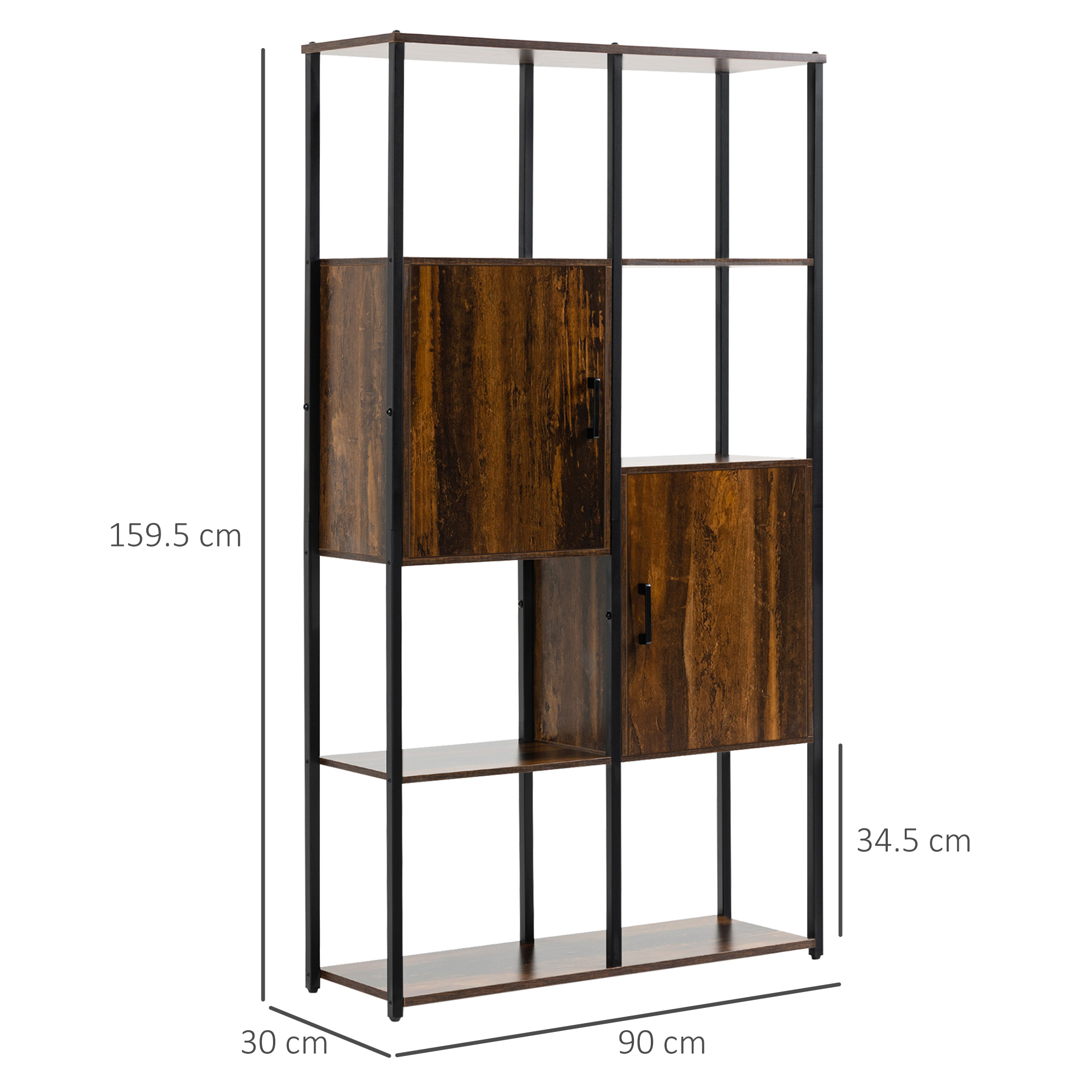  Biblioteca in stil industrial modern cu 4 rafturi si 2 dulapuri, rafturi din metal si lemn pentru casa si birou, 90x30x159,5 cm, negru si maro [2]