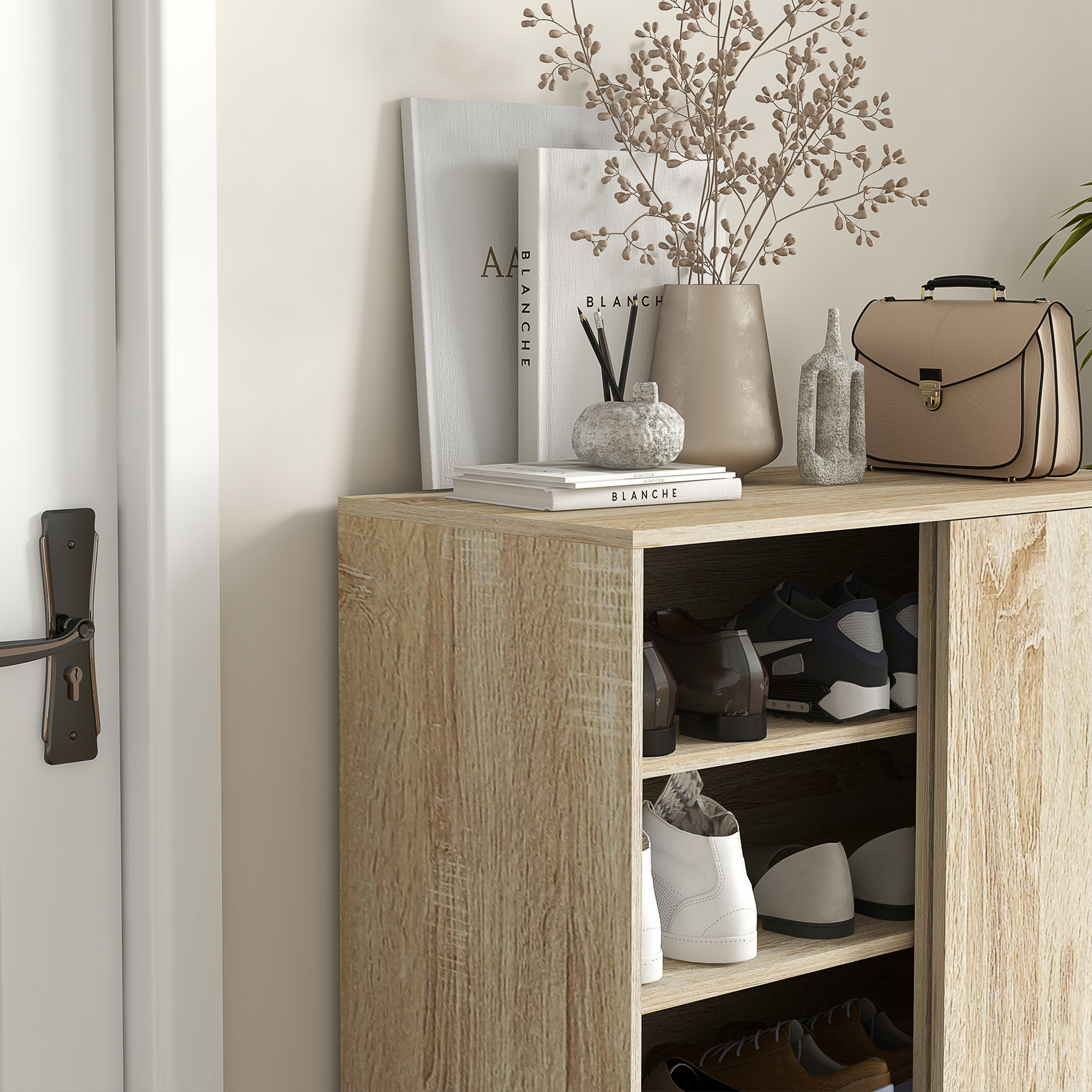  Dulap pentru Pantofi pe 4 Niveluri din PAL si Otel cu Usa Glisanta si Rafturi Reglabile, 80x40x93 cm, Lemn Natural [8]