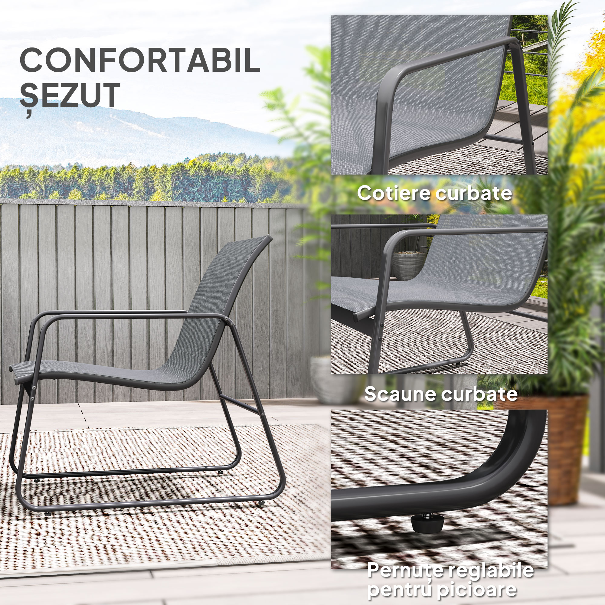  Set Mobilier de Gradina din 4 Piese, cu Banca de Exterior cu 2 Locuri, 2 Scaune si Masuta de Cafea cu Blat din Sticla Securizata, Set Mobilier de Exterior din Metal si Textilena, Gri Deschis [5]