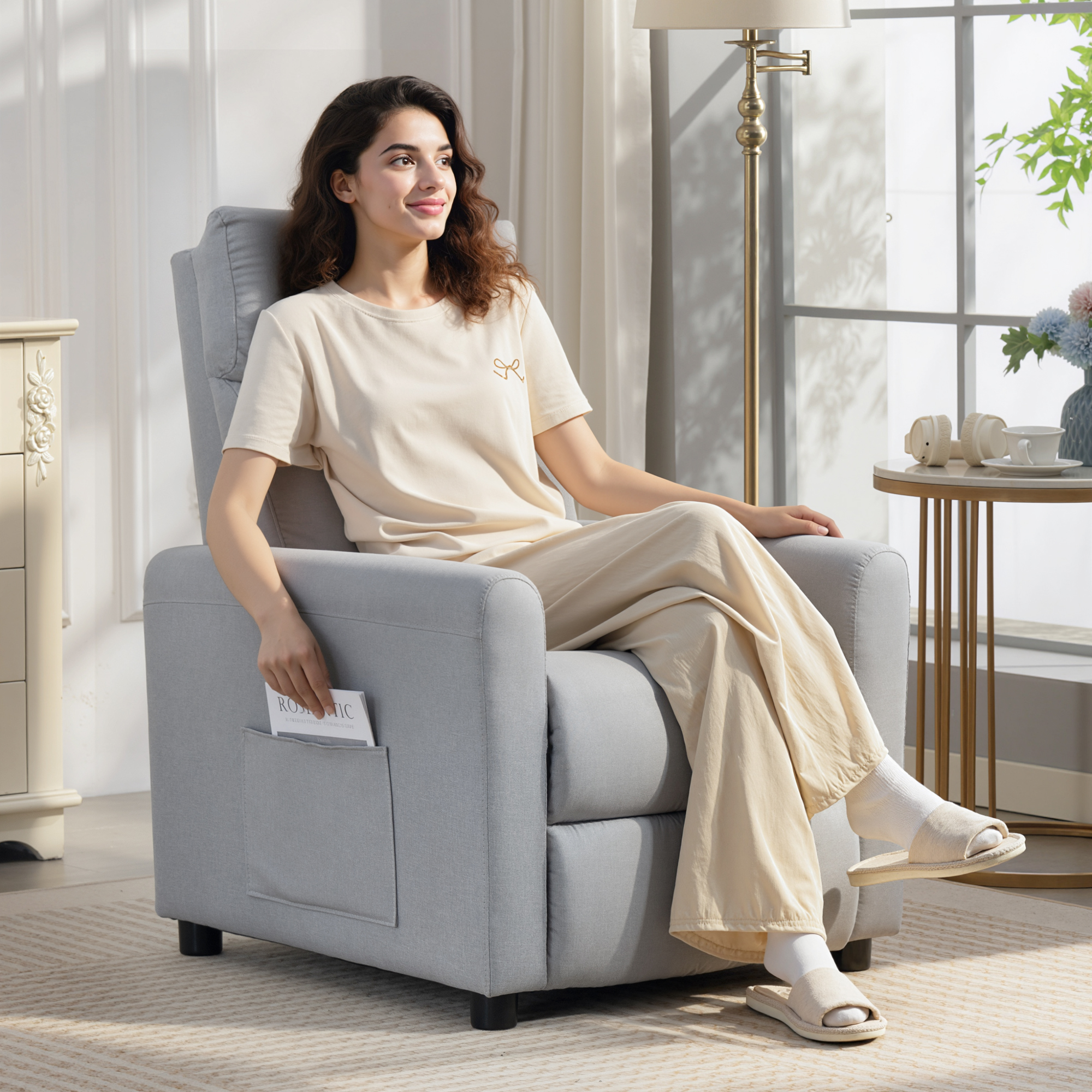  Fotoliu Reclinabil 135° max in Material cu Efect de In, Spuma, Otel si Lemn, 73x86x100 cm, Gri Deschis [7]