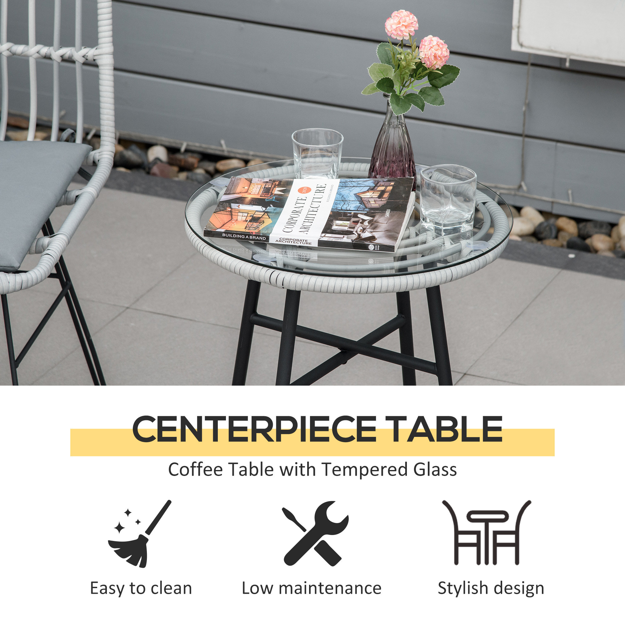  Set masuta de cafea si 2 scaune , din ratan PE, Gri [4]