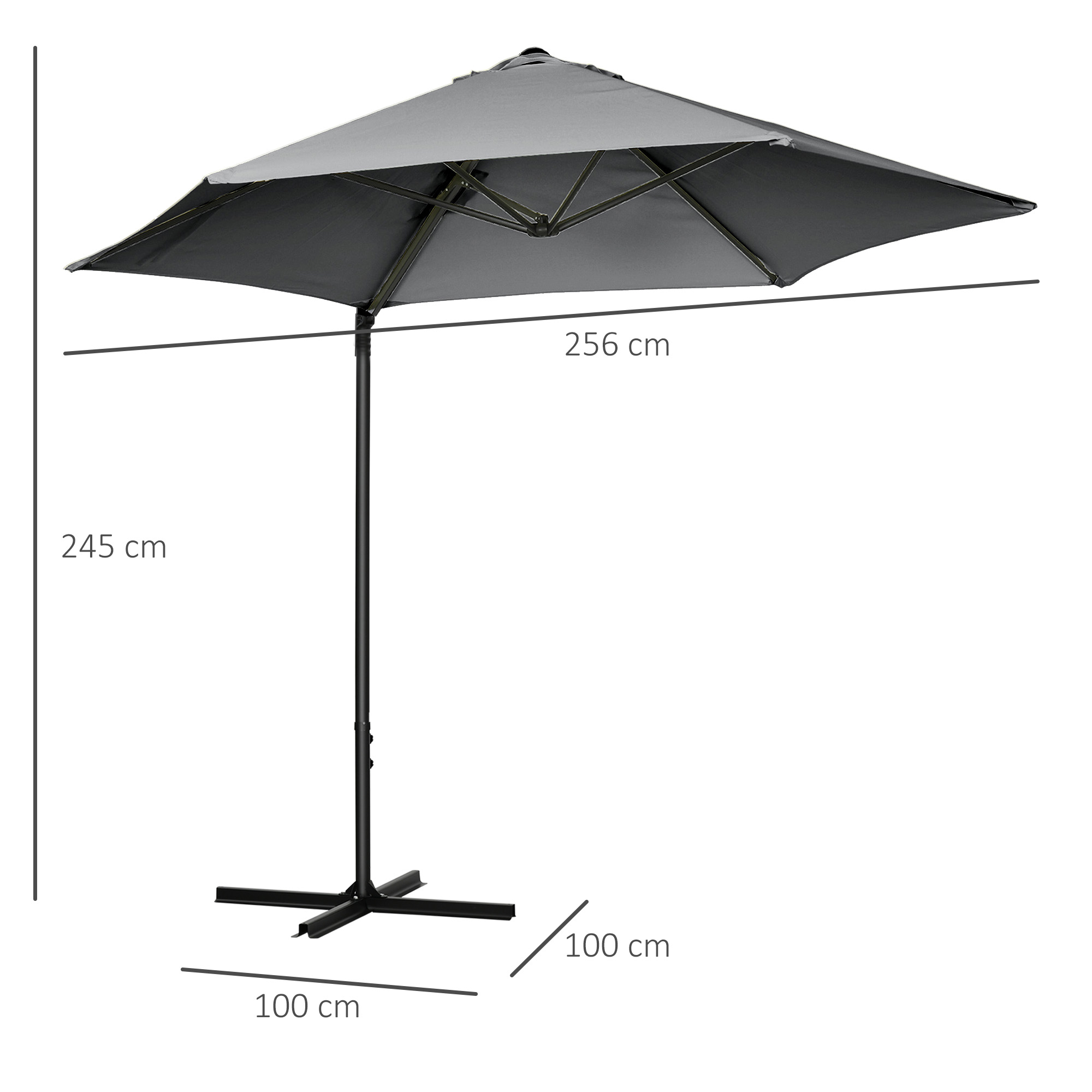  Umbrela de Gradina cu Rotatie la 360°, Brat, Baza in Cruce si Orificiu de Ventilatie, Ø256x245 cm, Gri inchis [2]