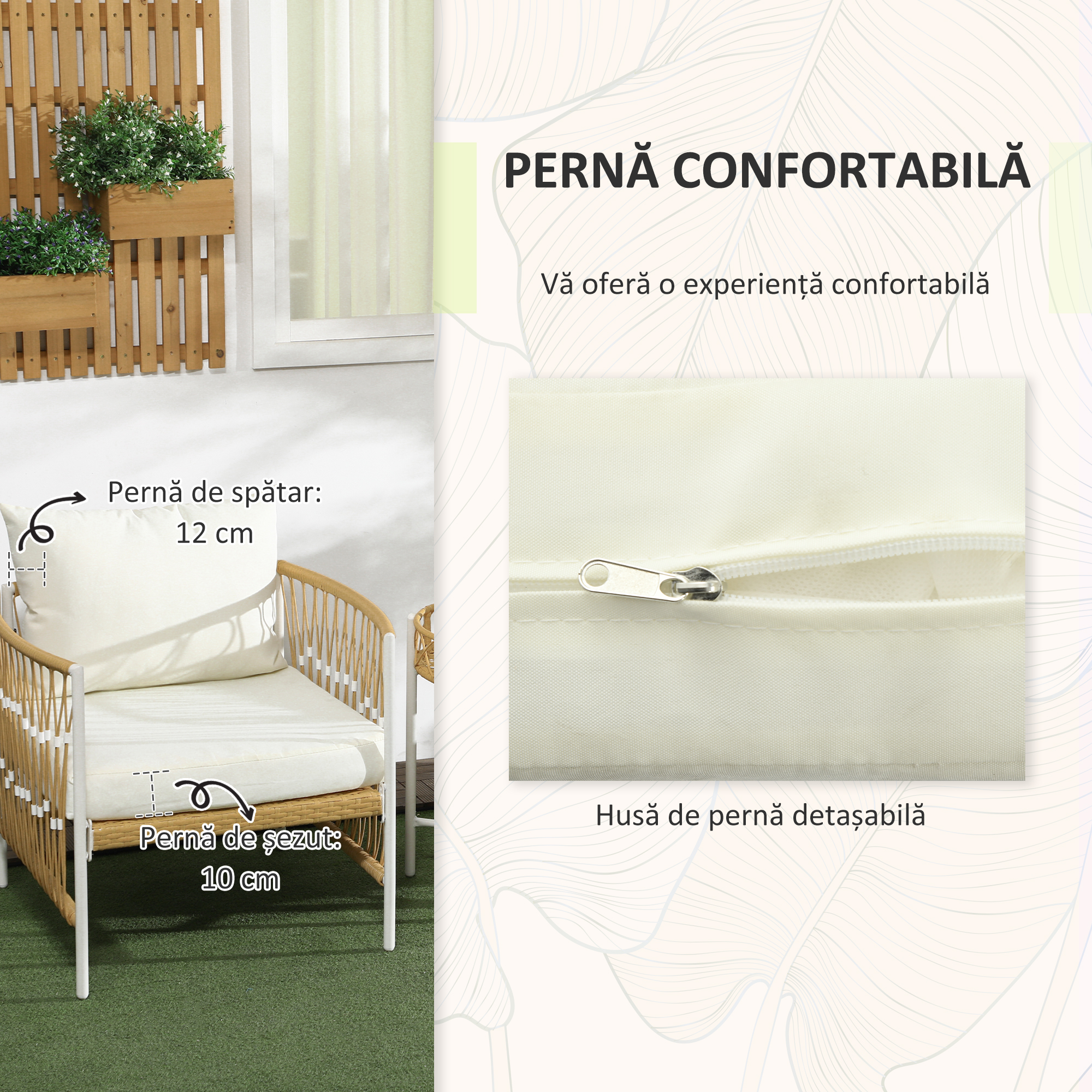  Mobilier din 3 Piese pentru Terasa, Set din 2 Canapele si o Masuta de Cafea pentru Exterior din Ratan, 72x66x64 cm, Crem [4]