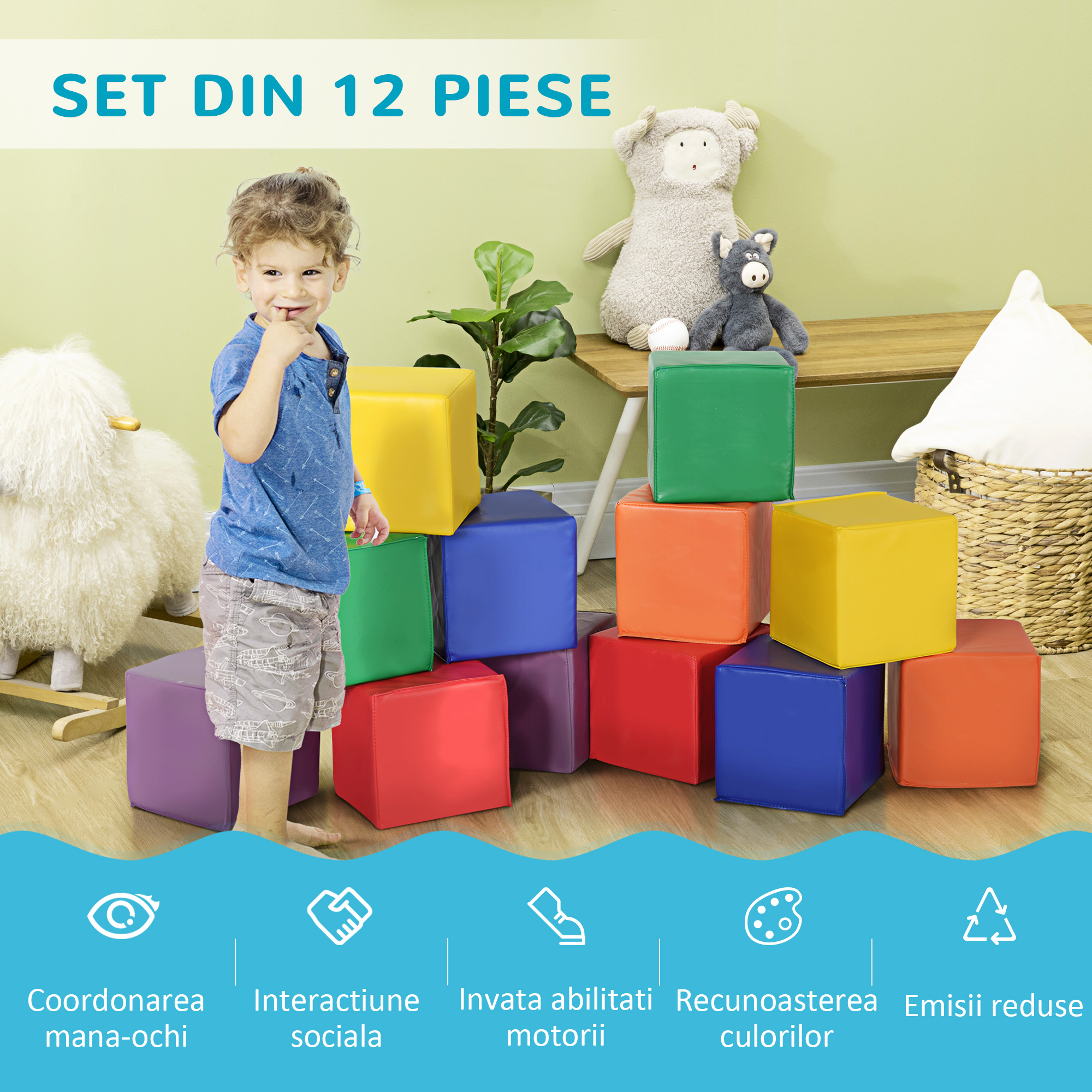  Set 12 Cuburi Moi pentru Copii 2+ Ani, Joc Educativ din Spuma, Blocuri de Constructie 20x20x20 cm, Multicolor [6]