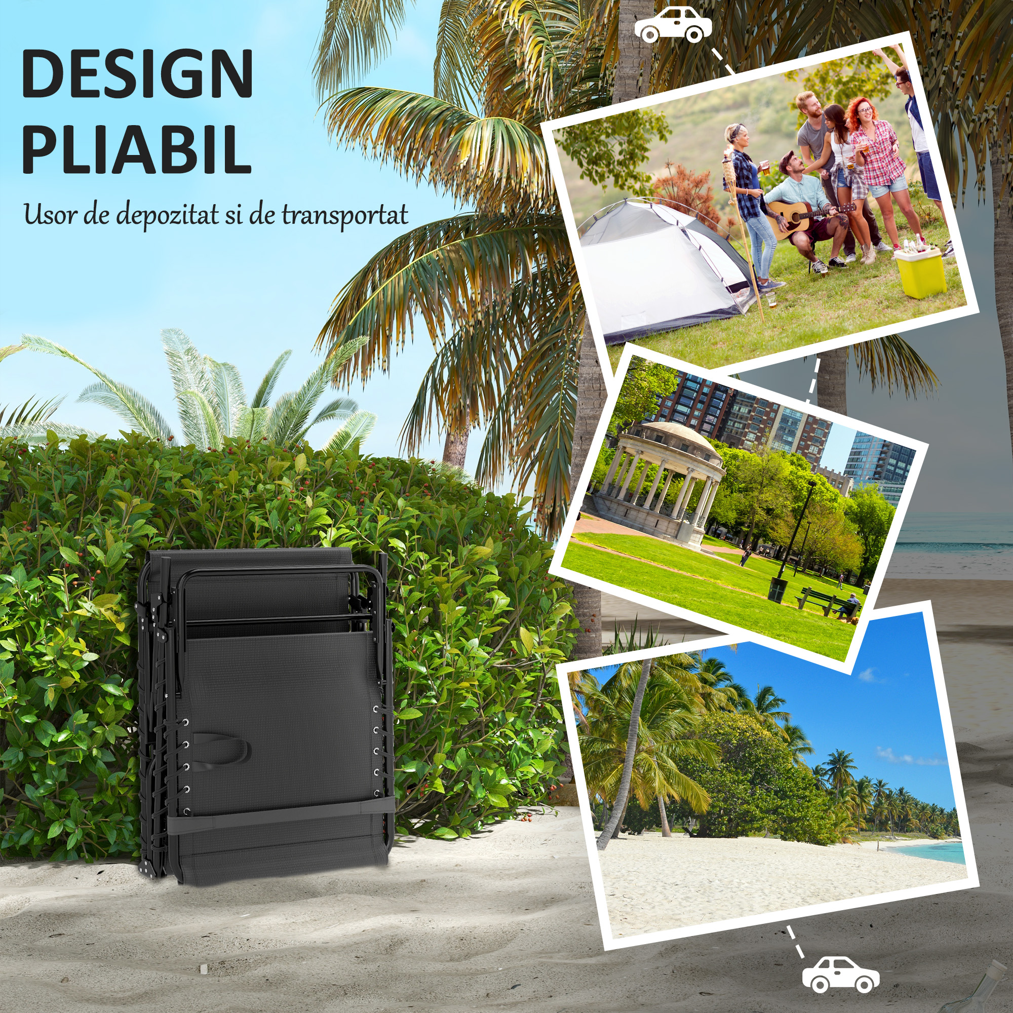  sezlong pliabil cu perna, tetiera si buzunar lateral, 58x189x32,5 cm, negru [4]