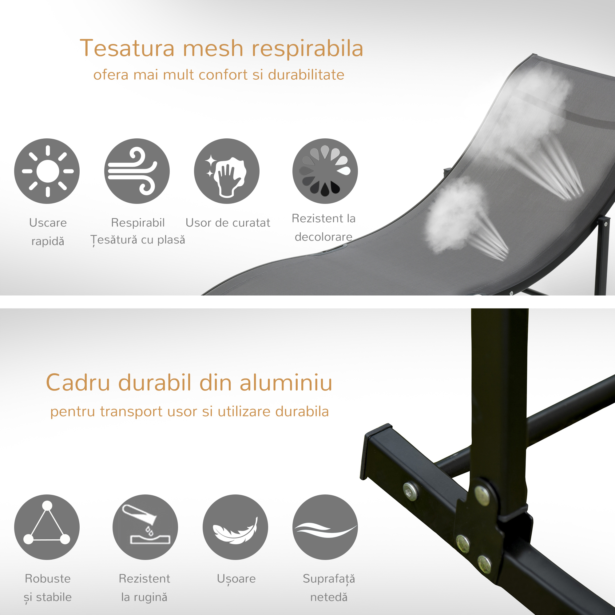  Set 2 sezlonguri de Gradina Pliabile, sezlong pentru Plaja din Aluminiu si Textilen, 61x165x63 cm [5]