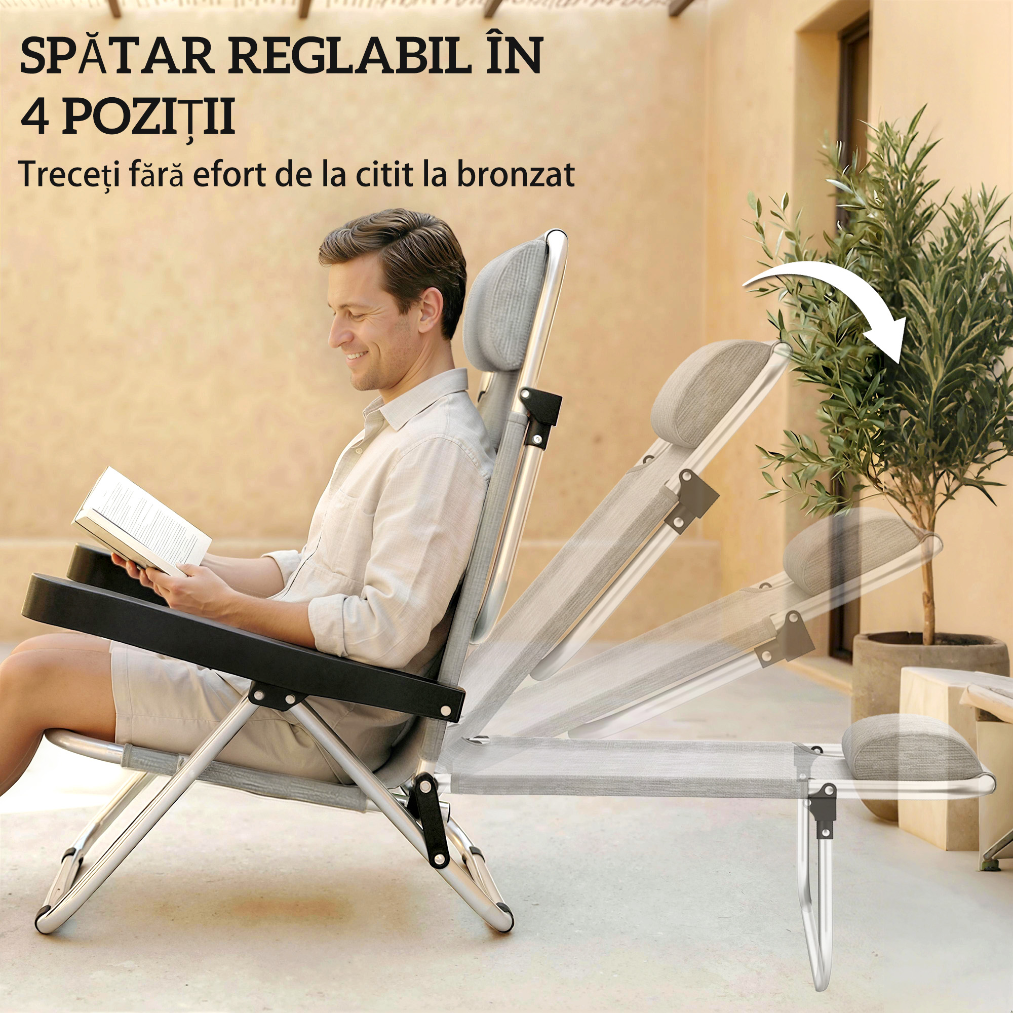 Set  2 sezlonguri Pliabile si Reclinabile pe 4 Pozitii cu Suport pentru Cap, din Aluminiu, 62x61x80 cm, Gri [3]