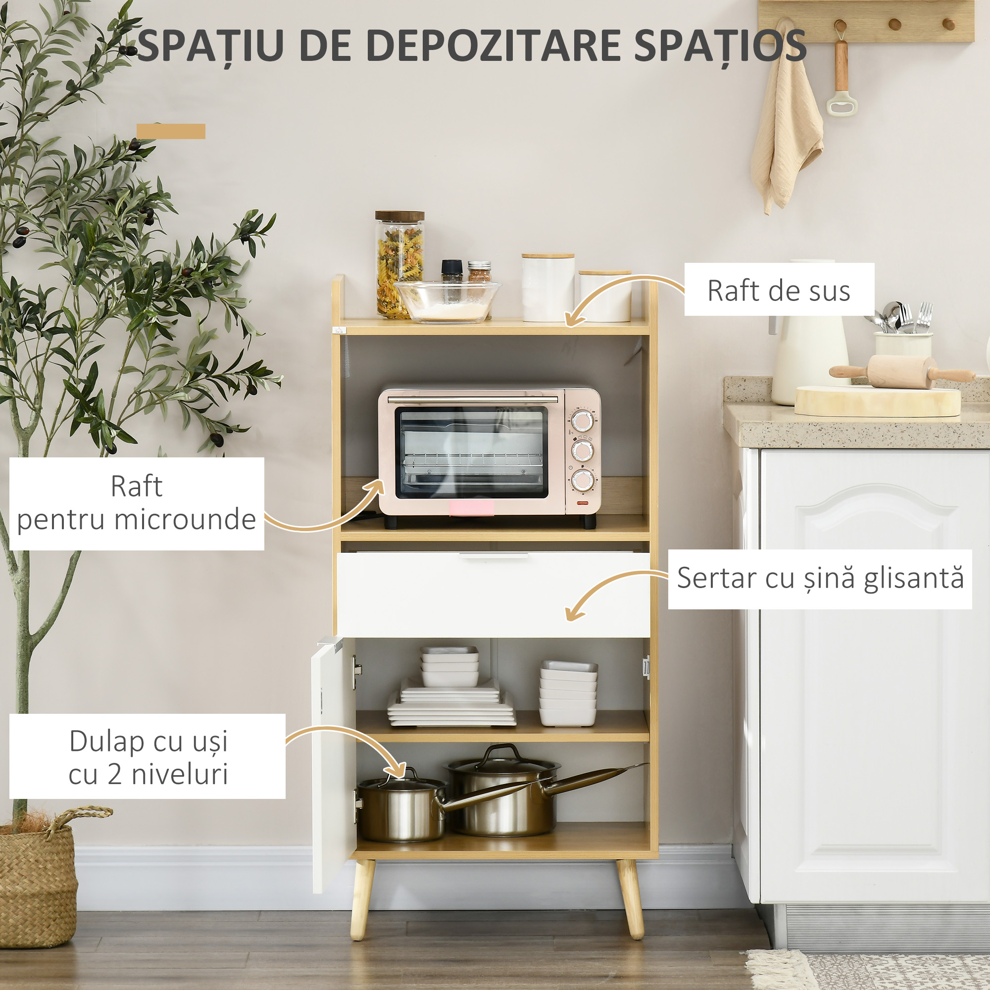  Dulap Microunde - Cu Sertar & Raft, Spatiu Organizare Bucatarie [3]