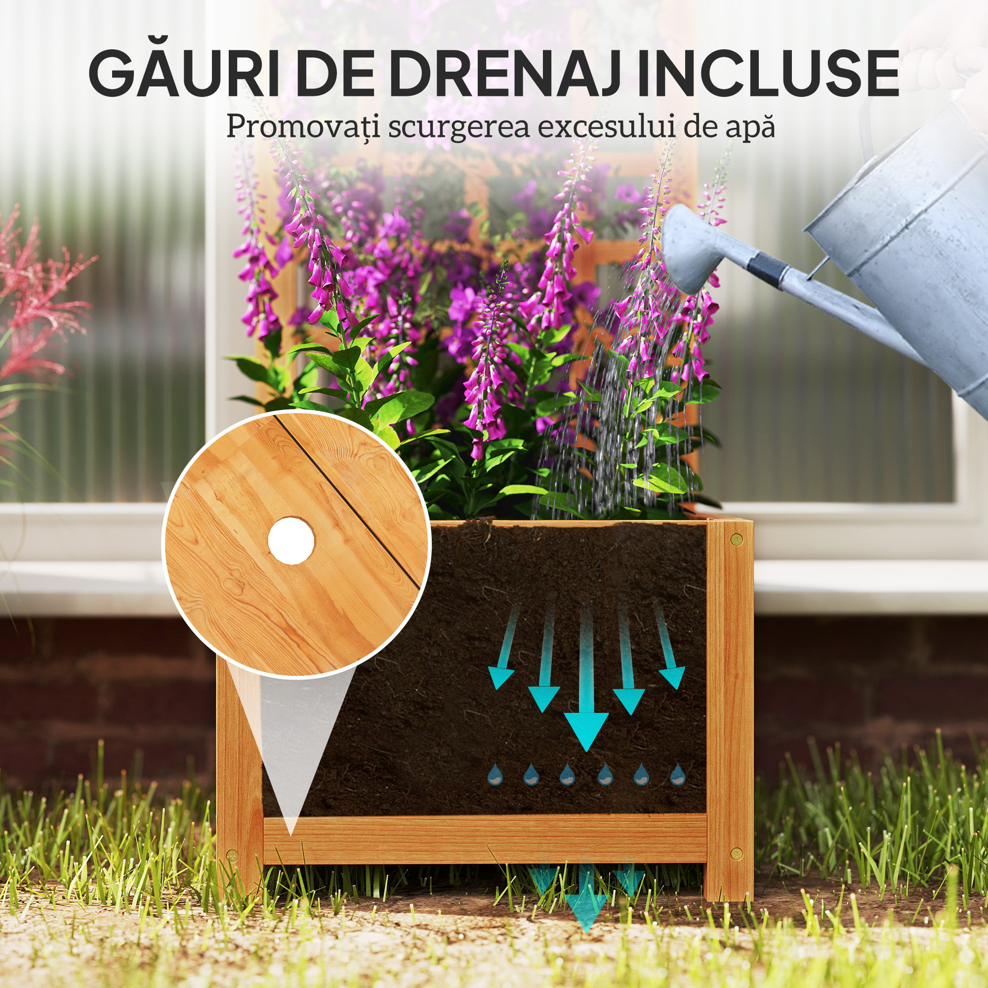  Pat inaltat pentru Gradina cu Grilaj si Orificiu de Drenaj, 40x40x120 cm, Maro Deschis [6]