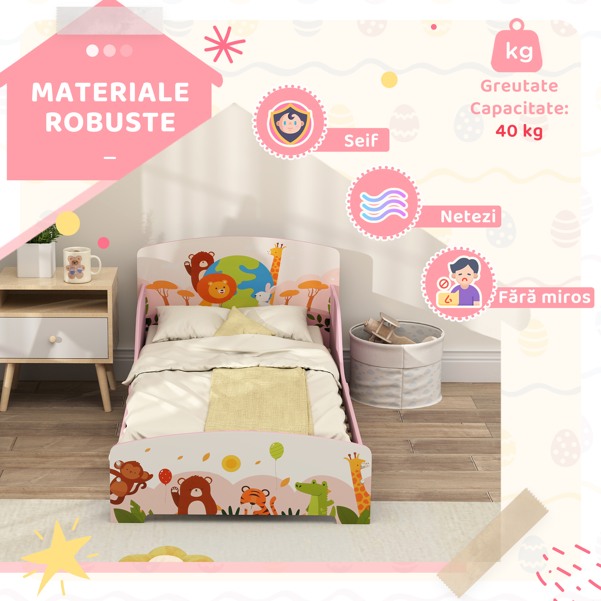  Pat pentru copii de la 3+ ani din lemn, cu margini ridicate si balustrade de siguranta, 143x77x60 cm, roz [4]