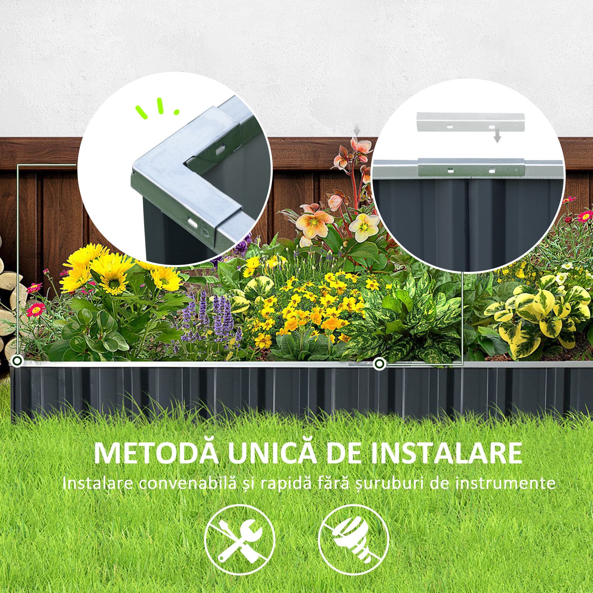  Strat de Cultivare Ridicat, Modular si Fara Fund din Otel Zincat, 258x90x30 cm, Gri inchis [4]