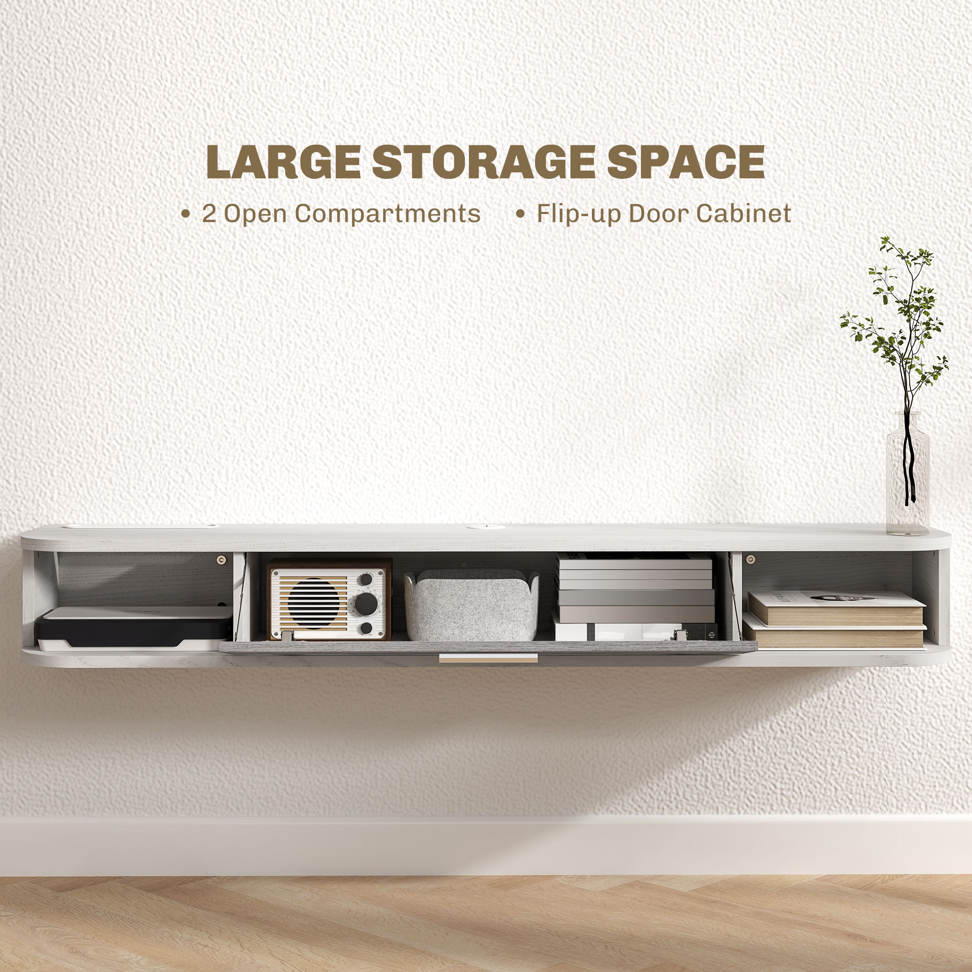  Dulap TV Suspendat din Lemn cu 2 Rafturi Deschise si Dulap, 120x26x16 cm, Alb si Gri [4]