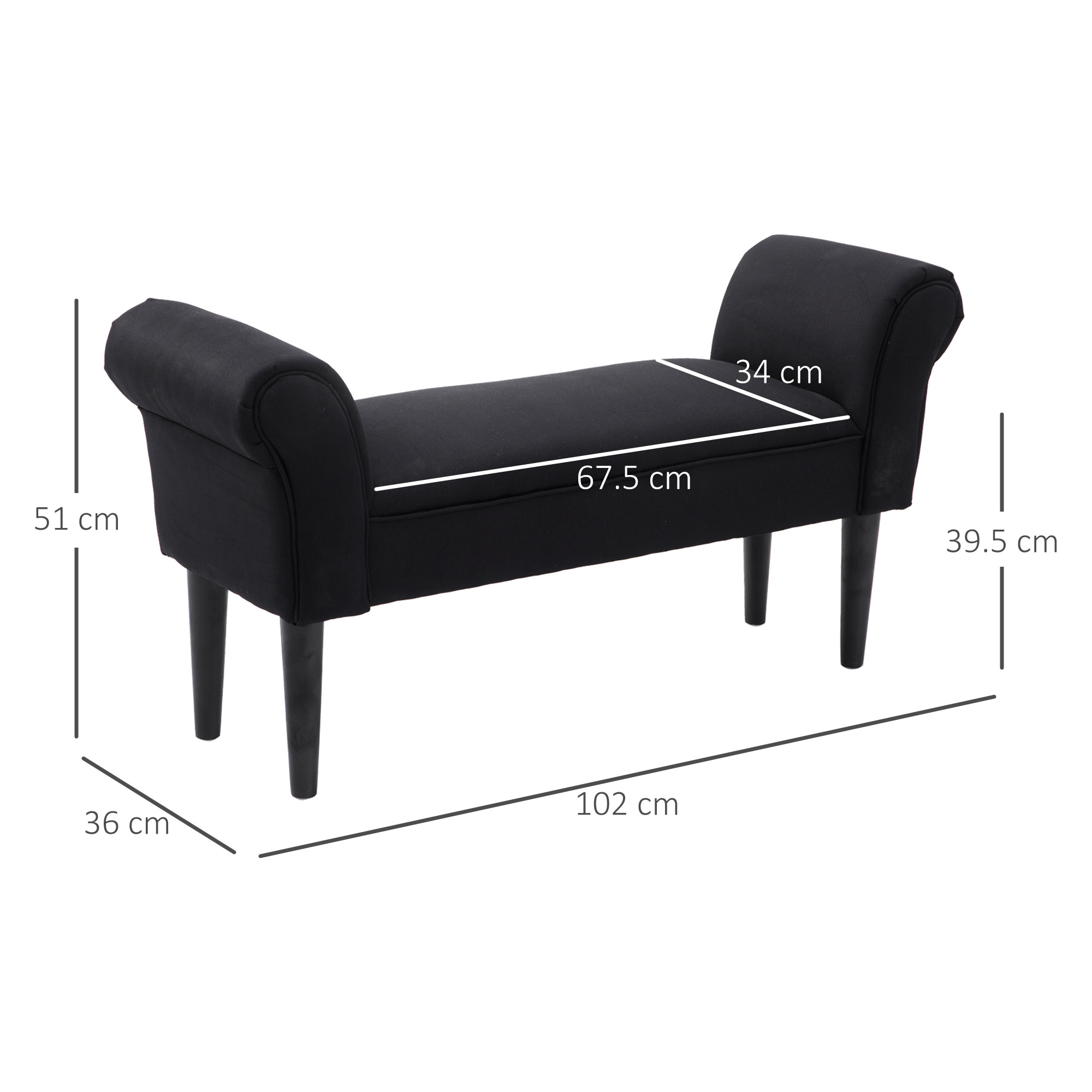  Banca Tapitata pentru Capatul Patului cu Brate Rulate, 102x35x51cm, Negru [2]