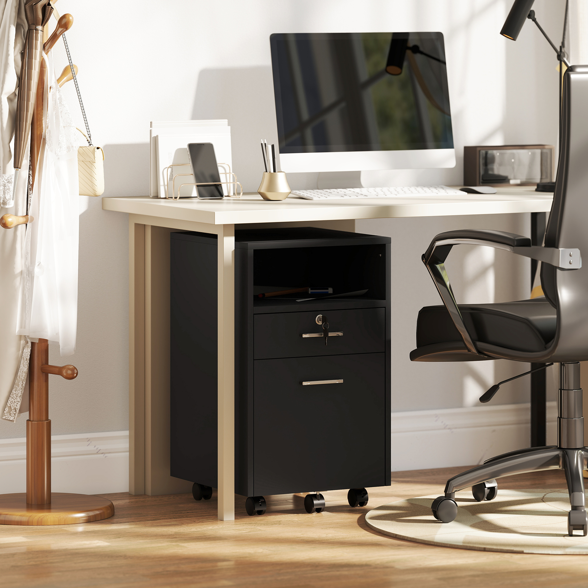  Comoda de Birou cu 2 Sertare si Raft Deschis, Mobilier cu 5 Rotile, incuietoare si 2 Chei, 39x40x65 cm, Negru [8]