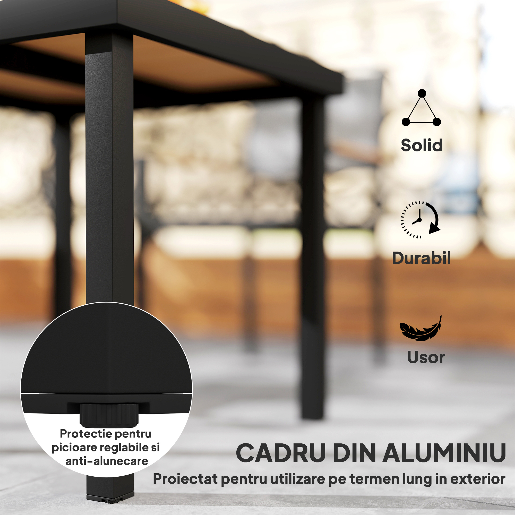 Masa de gradina  pentru 4 Persoane din Aluminiu, Masa de Exterior din Plastic pentru Terasa si Balcon, Negru si Culoare Lemn [4]