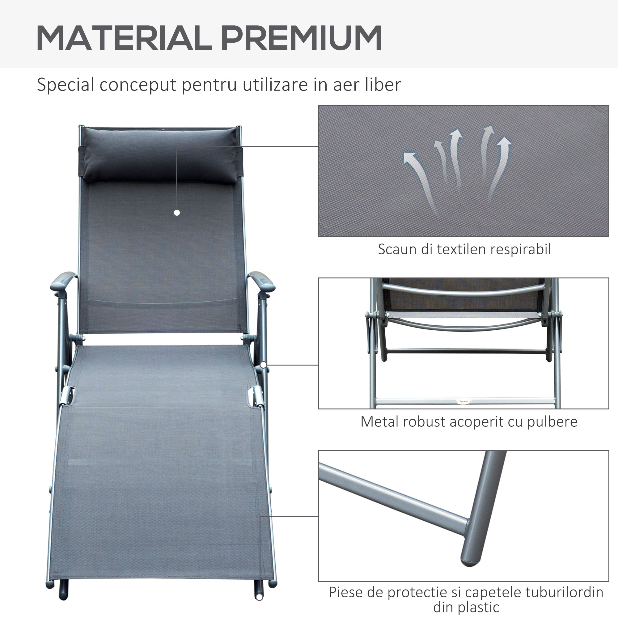  Sezlong Relax Pliabil Schelet in Metal 137x63.5x100.5cm Gri [4]