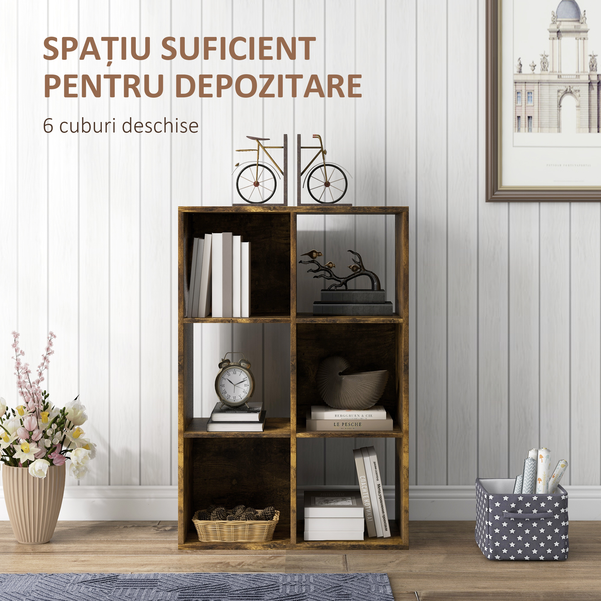  Libreria a Cubi con 6 Ripiani Portaoggetti in Legno dal Design Rustico, 61.5x29.5x91.5 cm, Marrone [3]