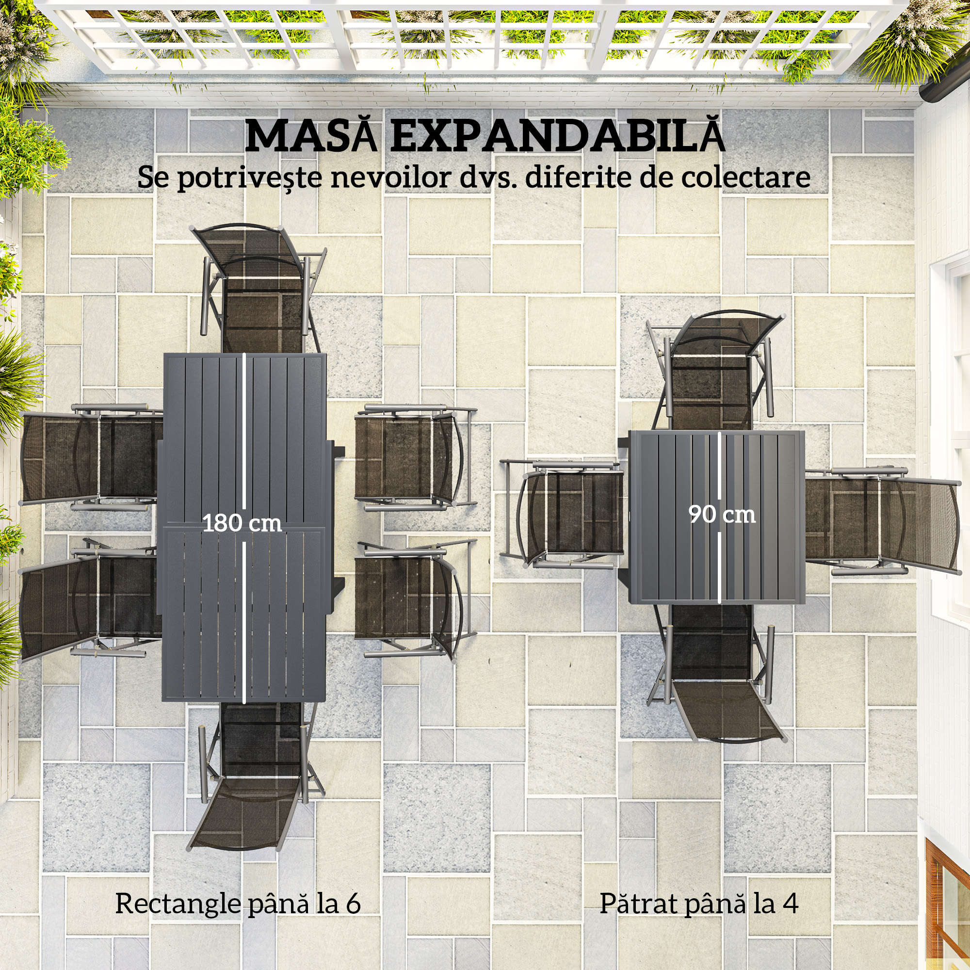  Set de Gradina din 7 Piese cu Masa Extensibila si 6 Scaune Pliabile cu Brate, 90/180x90x75 cm, Gri si Negru [3]
