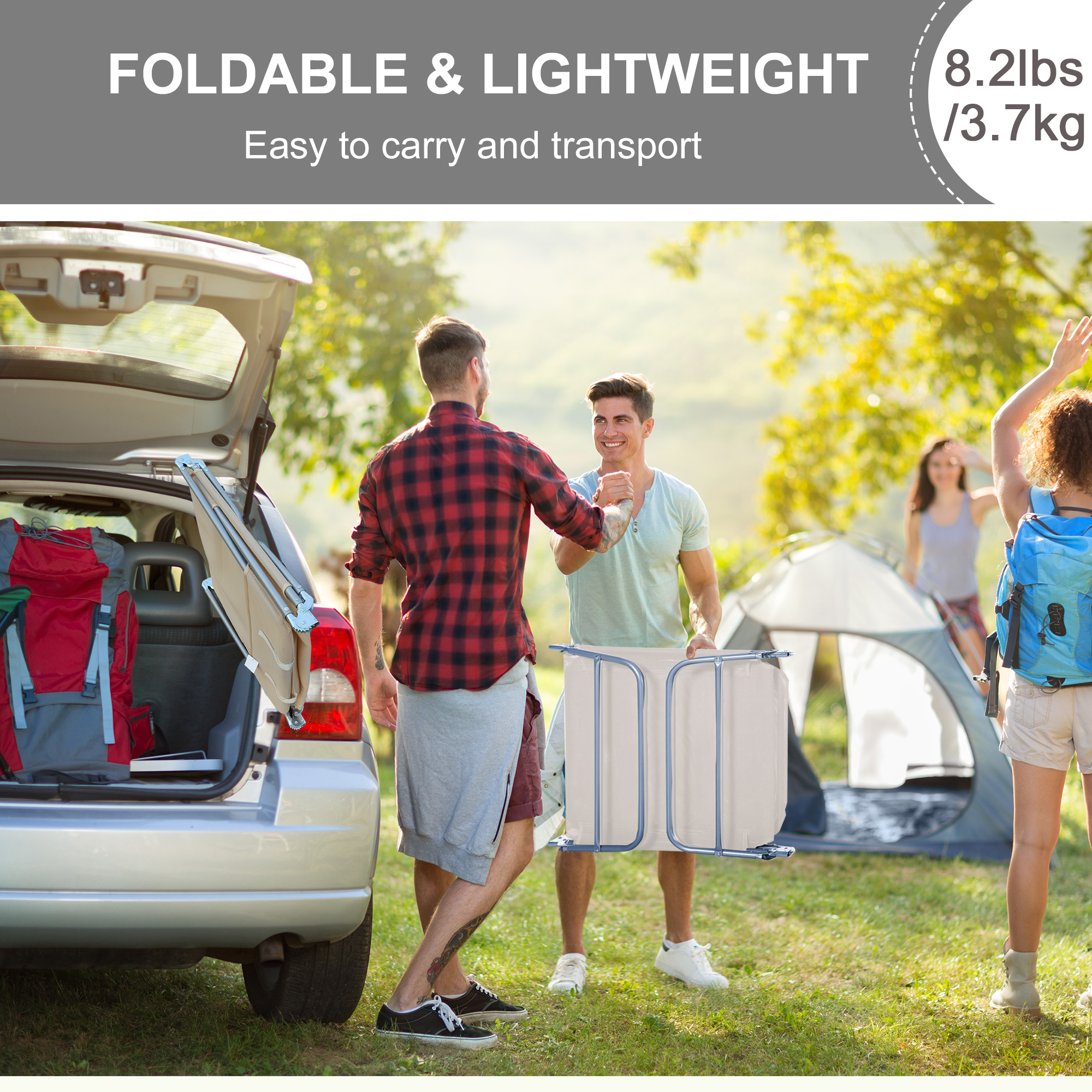  Set de 2 Sezlonguri pentru Plaja Pliabile cu Spatar Rabatabil pe 5 Niveluri, Sezlong de Gradina din Otel si Tesatura Plasa, Bej [5]