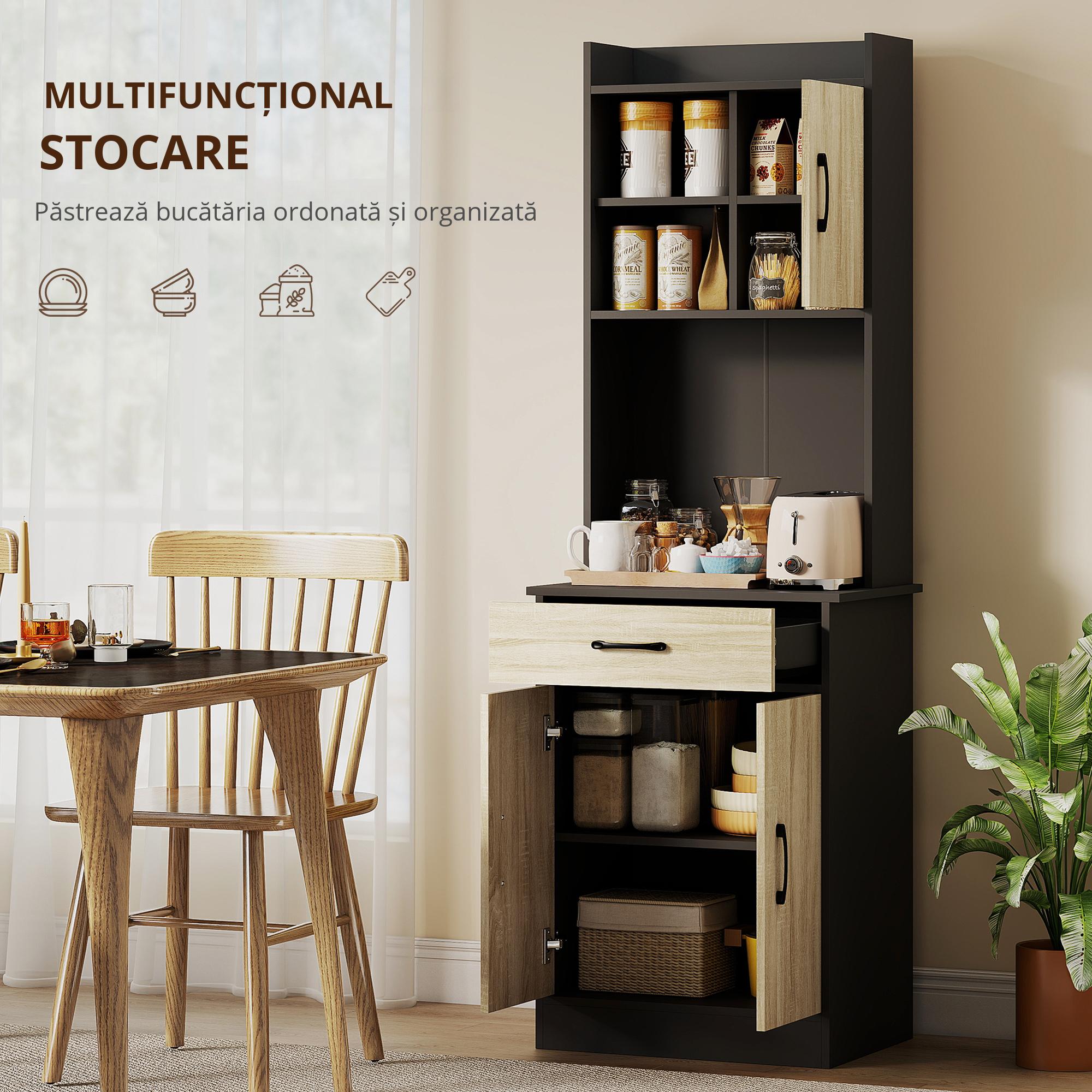  Dulap de Bucatarie cu Sertar, Rafturi Deschise si Dulapuri Negru si Lemn [6]