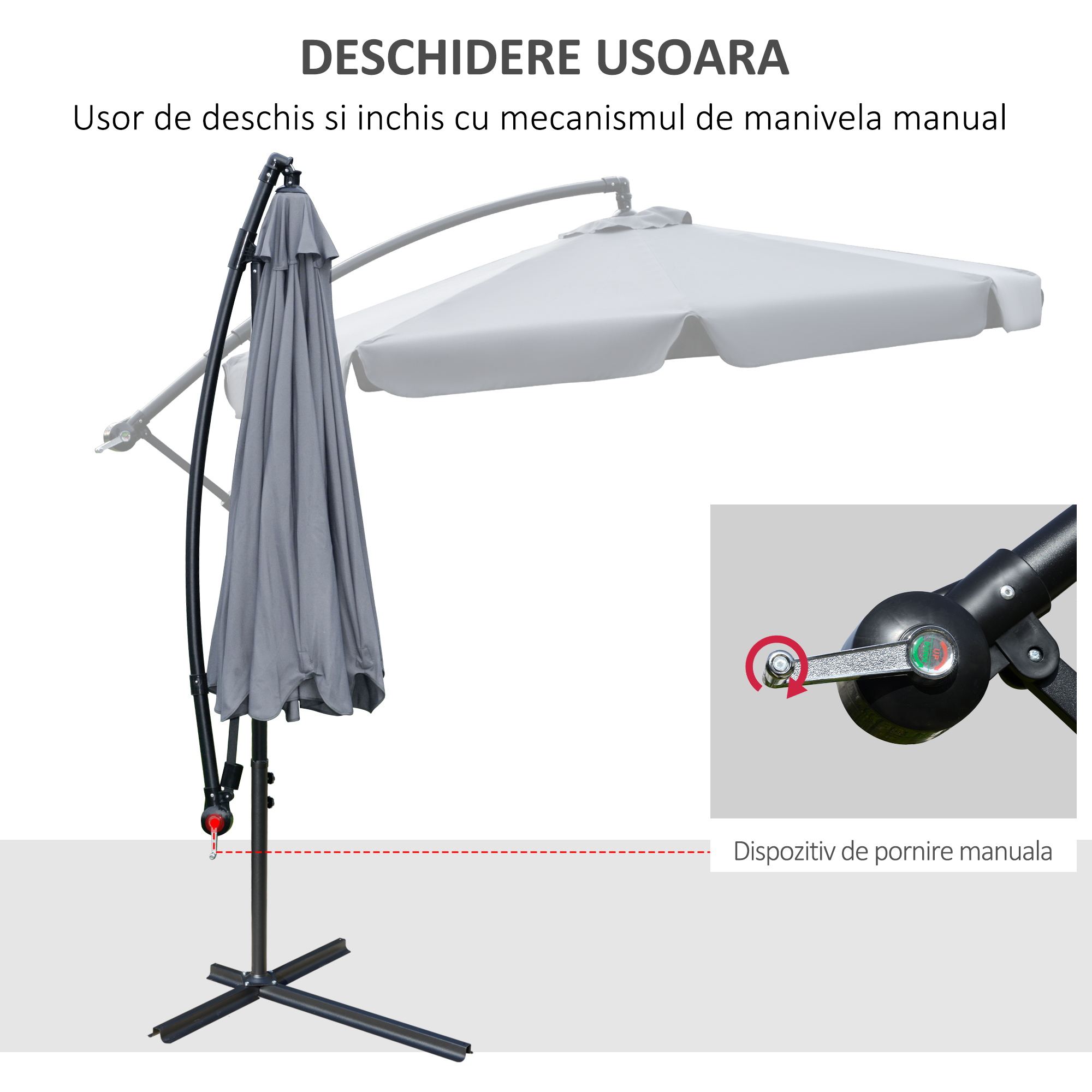  Umbrela de Soare pentru Gradina cu Brat  Parasolar din Metal, Baldachin din Poliester Reglabil si Deschidere cu Manivela, Φ265x265cm, Gri [3]