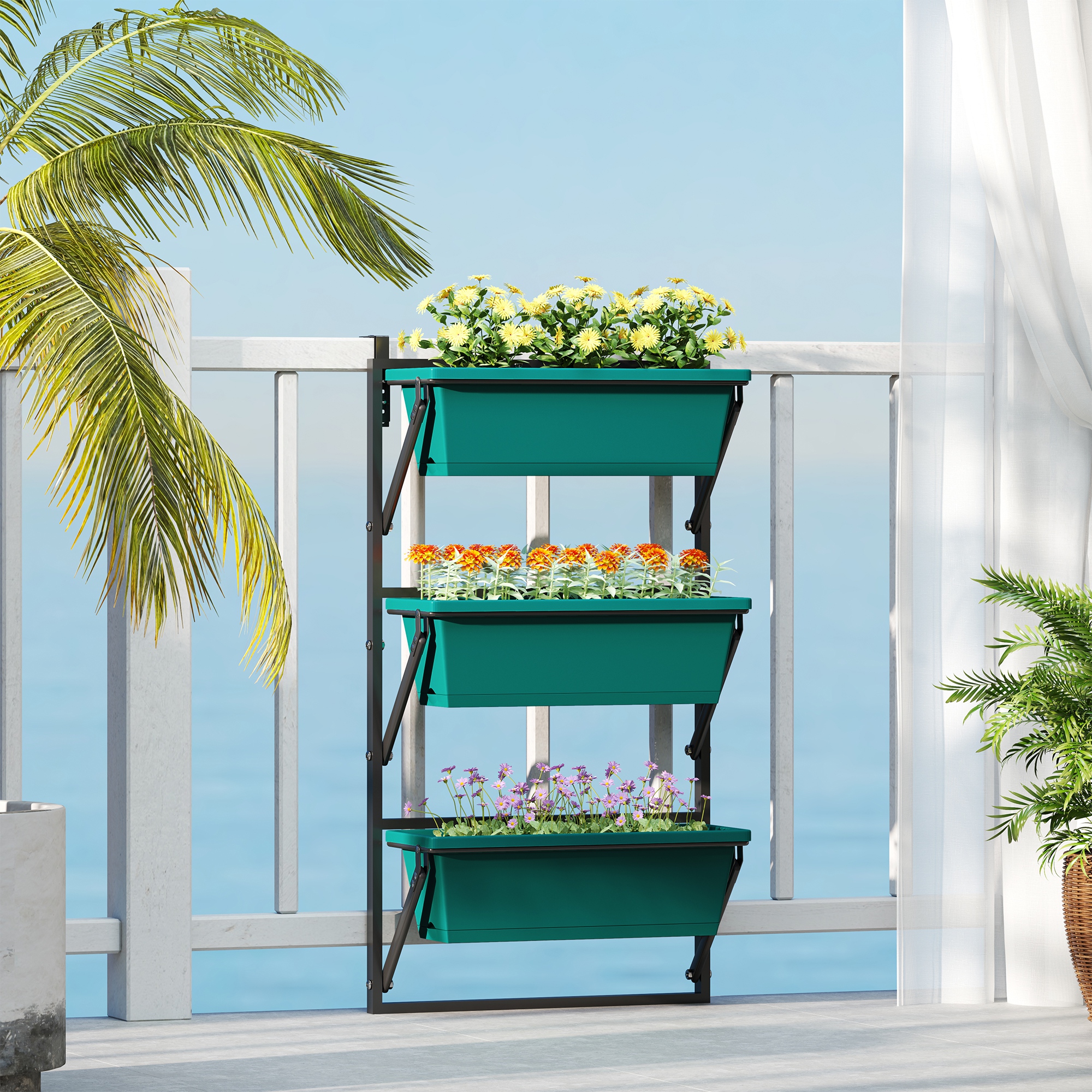  Jardiniera Verticala pentru Exterior cu 3 Niveluri si Ghivece cu Orificii de Drenaj, 56x42x100 cm, Verde [7]